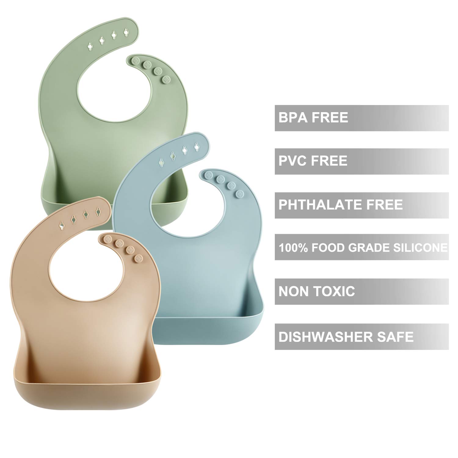 PandaEar 3 Pack Waterproof Silicone Baby Bibs for Boys & Girls 10-72 Months - Soft, Durable & Easy to Clean Feeding Bib Set (Brown, Blue, Green) - Perfect for Mealtime, Snacks & Messy Play
