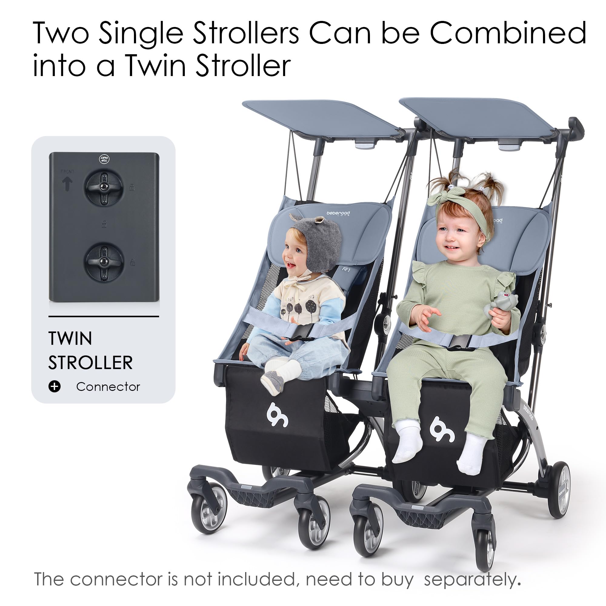 Beberoad R1 Auto-Folding Ultra Lightweight Baby Stroller for Travel - Compact Airplane-Friendly Stroller for Infants & Toddlers (6-36 Months), Only 11.5 lbs, Converts to Double Stroller, Gray - Perfect for Air Travel, Shopping & Everyday Use