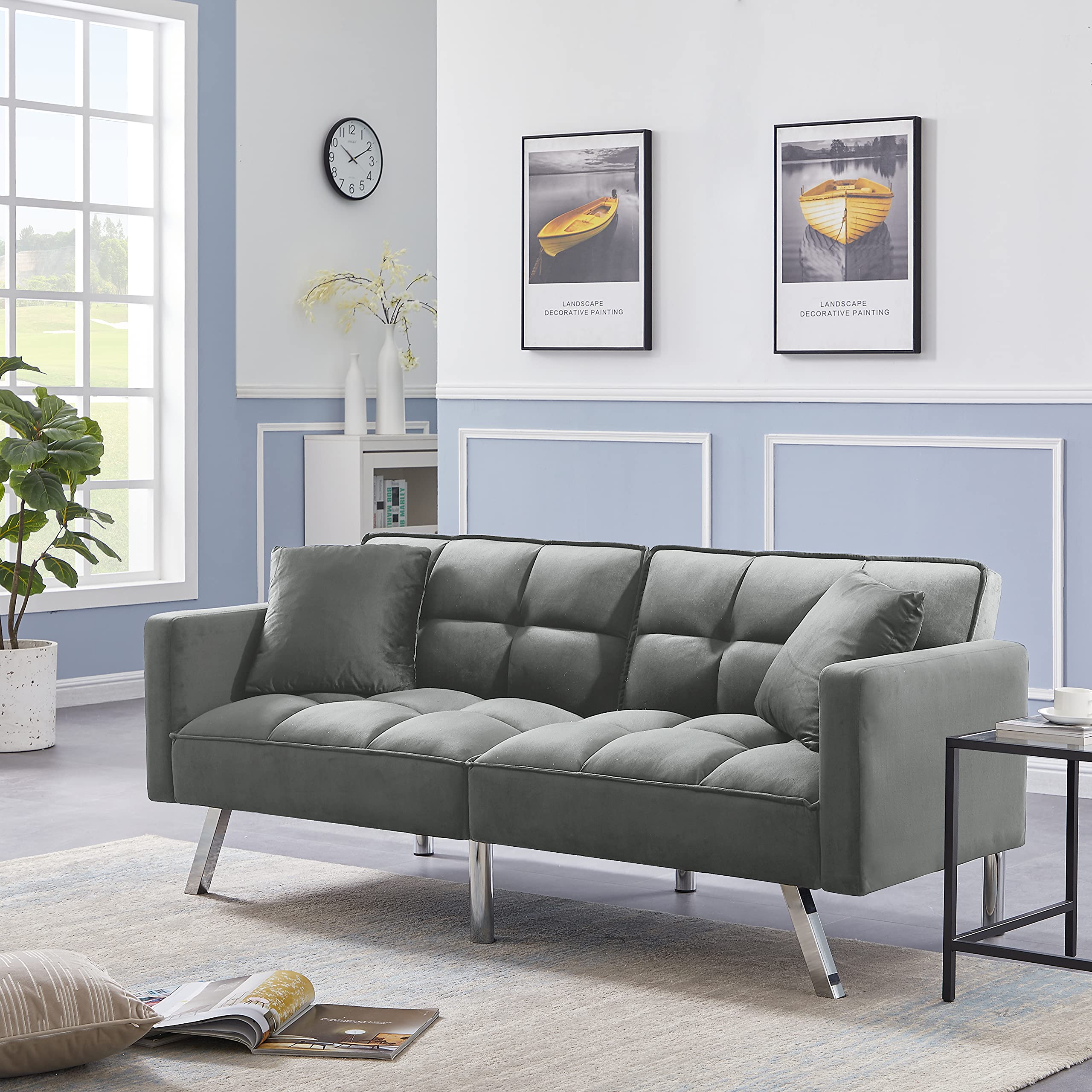 Anwick Velvet Convertible Futon Sofa Bed - Twin Size Sleeper Couch with 3 Adjustable Backrests, 6 Solid Metal Legs & 2 Pillows - Modern Upholstered Loveseat Recliner for Living Room, Bedroom or Small Space (Grey) - Perfect for Guest Sleeping, Movie Nights & Studio Apartments