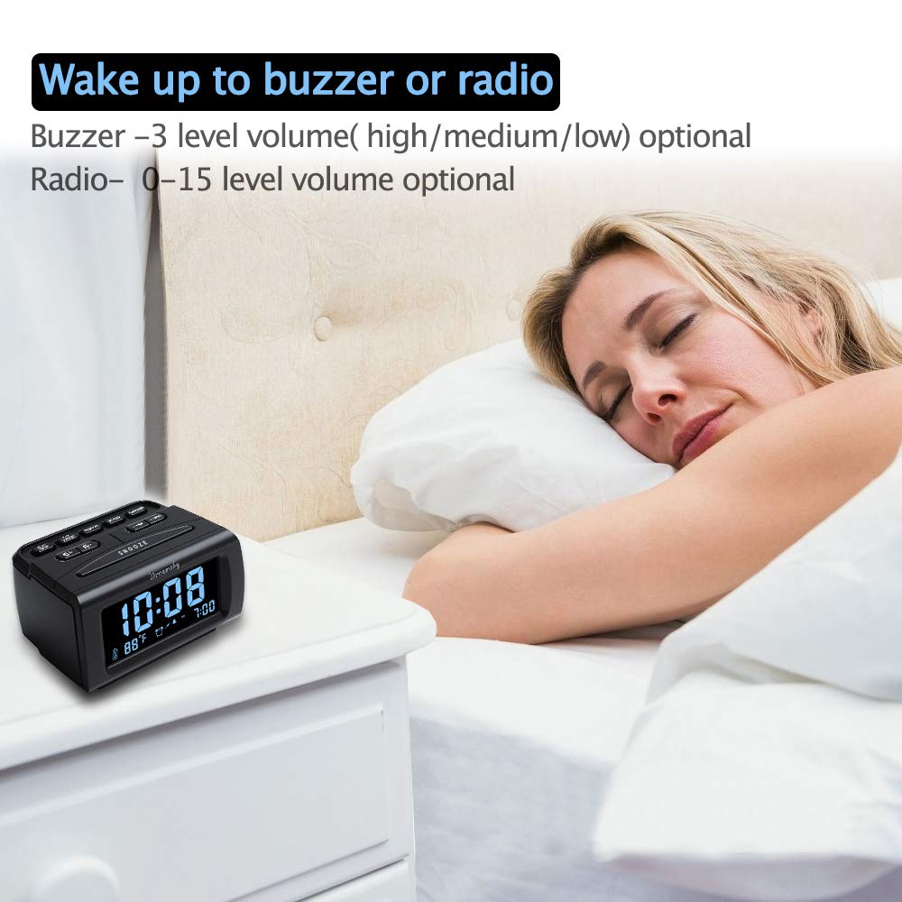 DreamSky Digital Alarm Clock Radio with Large Display, Battery Backup, USB Port & Sleep Timer - Adjustable Brightness, Volume & Snooze - FM Radio with Temperature Display for Bedroom, Office & Travel