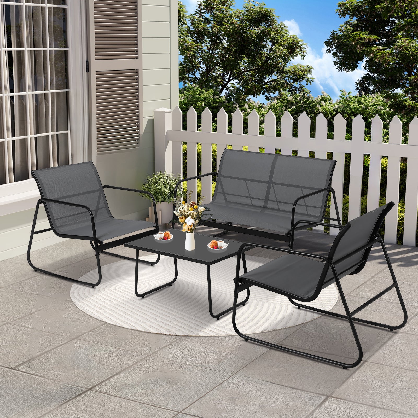 GARVEE 4-Piece Outdoor Patio Furniture Set with Glass Coffee Table - Heathered Grey Fabric & Black Frame - Perfect for Garden, Poolside, Lawn or Backyard Relaxation