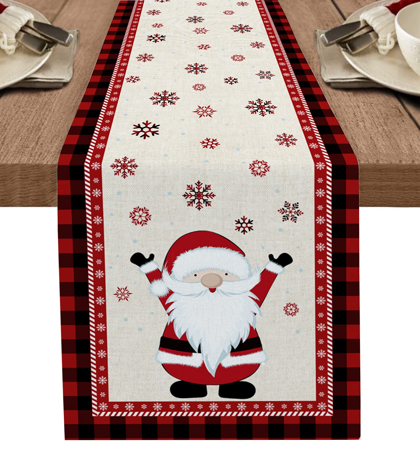Christmas Cotton Linen Table Runner - 13x70 Inch Red Black Buffalo Plaid with Cute Gnome & Snowflake Design - Holiday Dining Table Decor for Farmhouse Kitchen, Christmas Party & Festive Home Decoration