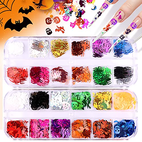 EBANKU Halloween Nail Art Glitter Sequins - 3D Holographic Pumpkin Witch Spider Bat Confetti for Nail Design, Face & Body Art - Perfect for Halloween Parties, DIY Nail Art, Costume Makeup and Festival Decorations