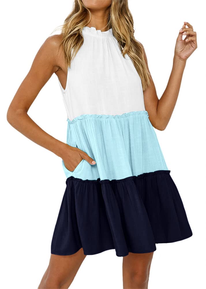 Imily Bela Women's Summer Casual Boho Sleeveless Halter Sun Dress with Pockets - Smocked Tiered Color Block Beach Dress for Vacation, Party & Outdoor Activities