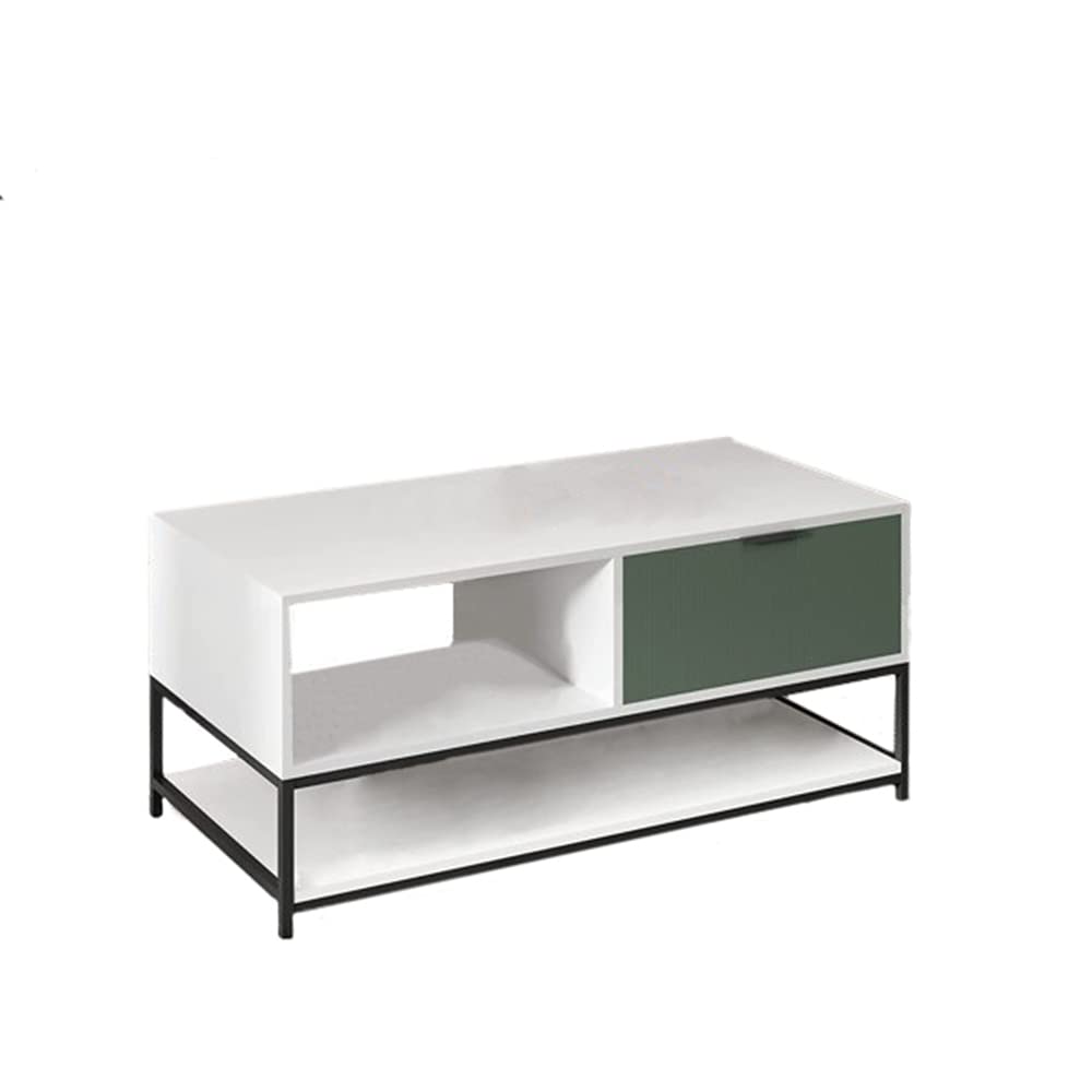 Watson White & Green Wood Coffee Table with Steel Frame, Shelves & Drawer - Modern Living Room Furniture for Small Spaces, Apartments & Home Decor