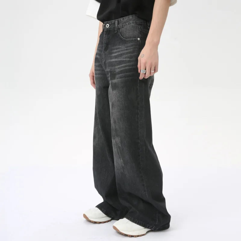 American Style Casual Men's Jeans - Dirty Wash Straight Wide Leg Denim Pants for Men | Loose Fit Male Trousers | Trendy Summer 2024 Collection C6284 | Perfect for Streetwear, Casual Outings & Everyday Wear