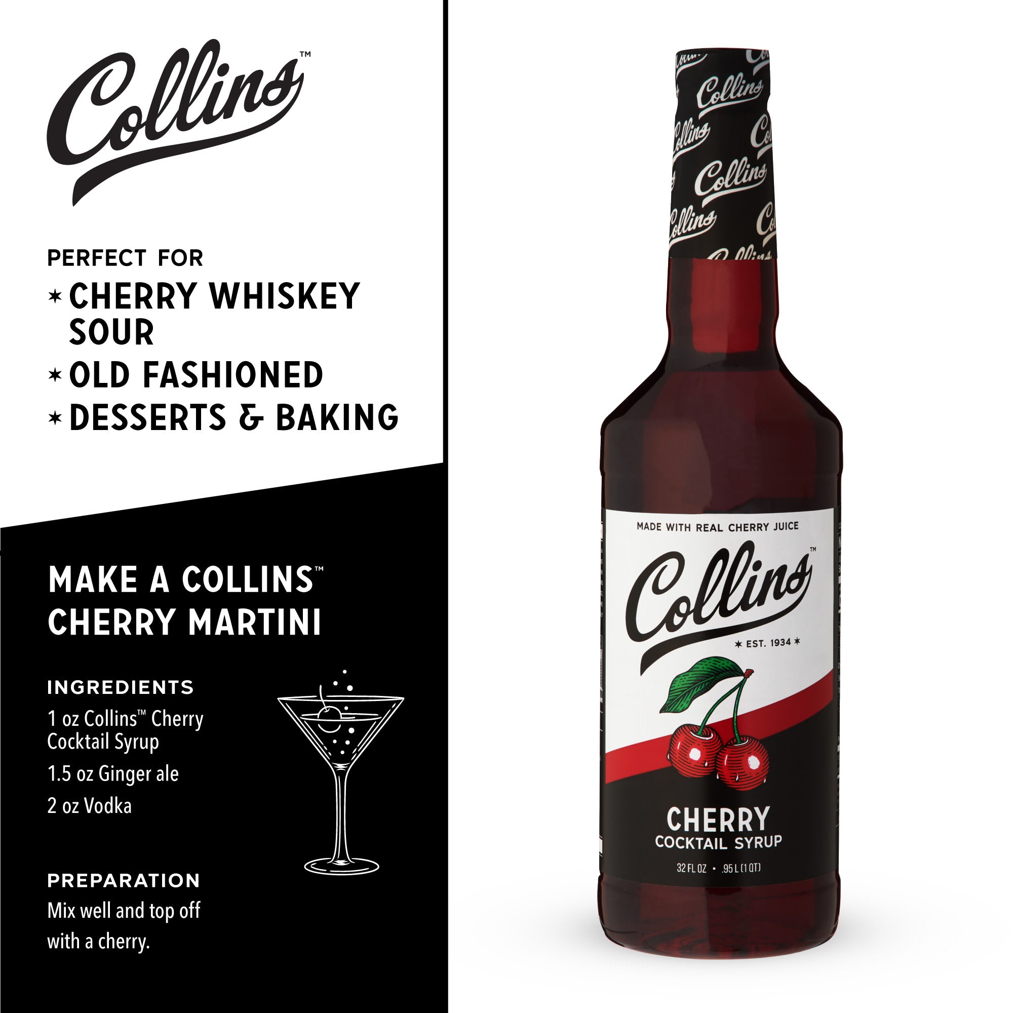 Premium Cherry Cocktail Syrup - 32 oz Bottle for Cocktails, Mocktails, Desserts & Baking | Perfect for Home Bars, Parties & Professional Mixology