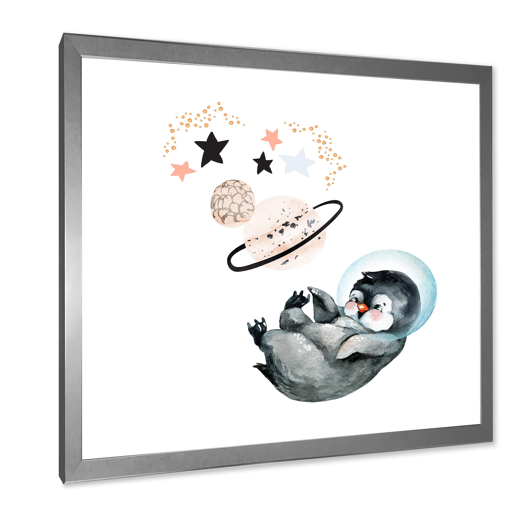DesignQ Little Penguin with Stars and Planets - Farmhouse Framed Wall Art Decor for Nursery, Kids Room & Living Room