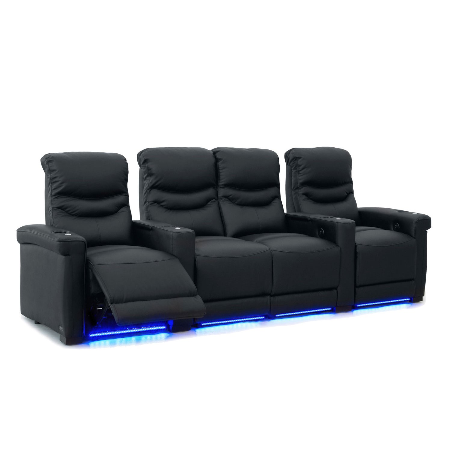 Octane Challenger XS700 4-Seat Power Recline Leather Home Theater Seating with Middle Loveseat - Black Straight Row for Movie Nights & Gaming Setup