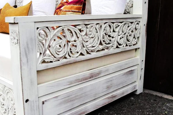 Hand Carved Indian Solid Mango Wood Daybed - White Finish Modern Boho Style Sofa Bed for Living Room, Bedroom or Outdoor Patio Lounge