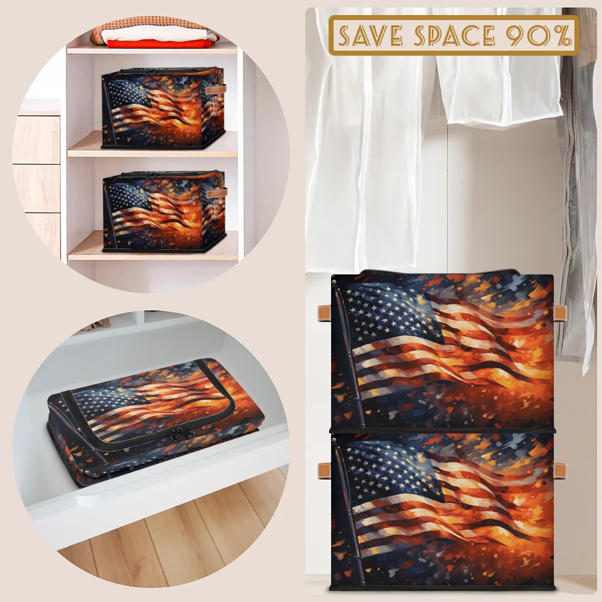 Fire National Flag Collapsible Stackable Storage Bins with Lids - Fabric Closet Organizer for Clothes, Toys, Blankets - Foldable Home Storage Containers for Bedroom, Kids Room & Garage Organization