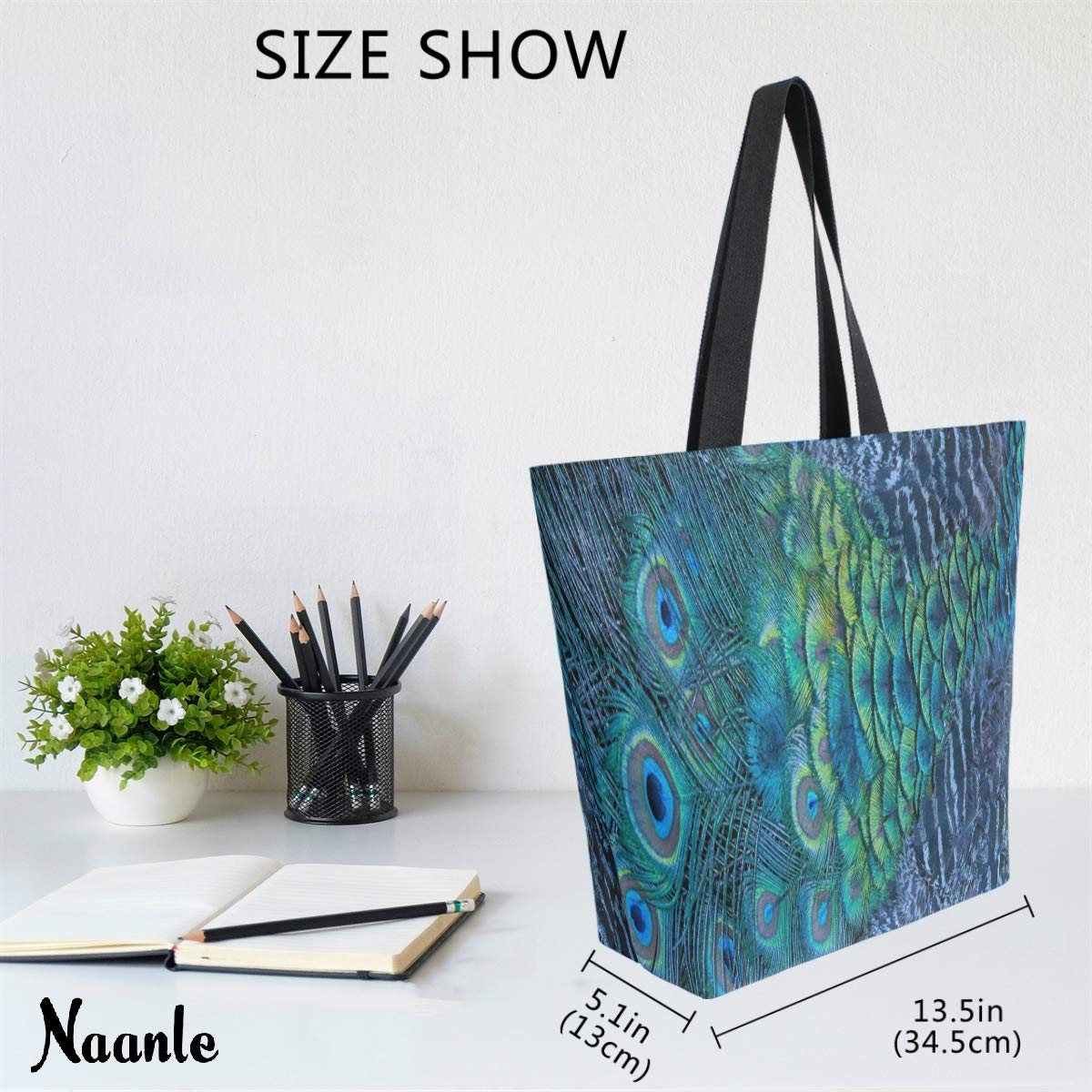 Stylish Naanle Peacock Feather Canvas Tote Bag - Large Reusable Cotton Shoulder Handbag for Women, Durable Multipurpose Grocery Shopping Bag | Perfect for Outdoor Activities, Beach Trips & Daily Errands
