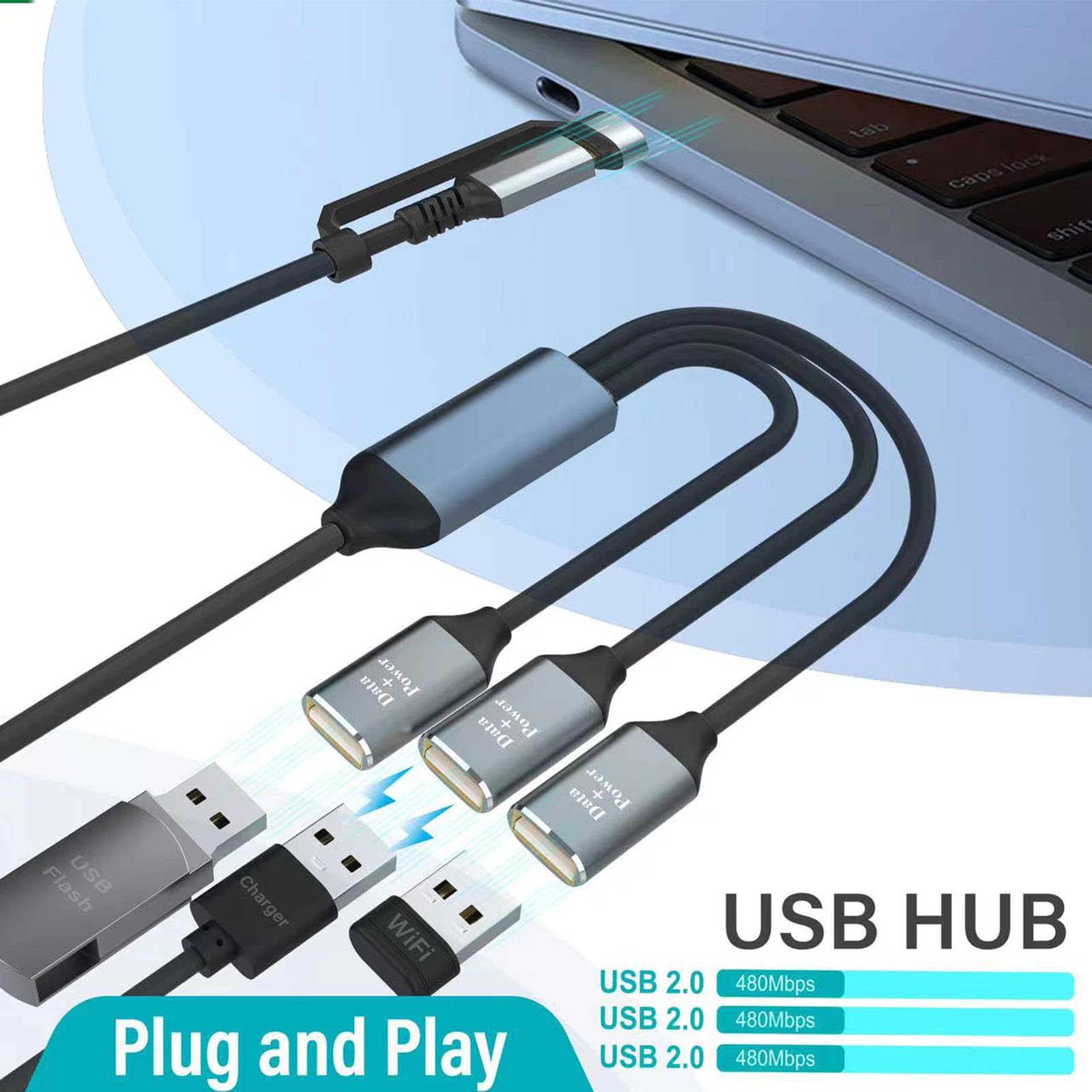 USB C to USB 2.0 Female Adapter Converter - 3-Port USB Splitter Hub with Male to Female Connector for Fast Data Transfer & Charging - Compatible with Laptops, Phones, Tablets & More (Perfect for Home, Office & Travel Use)
