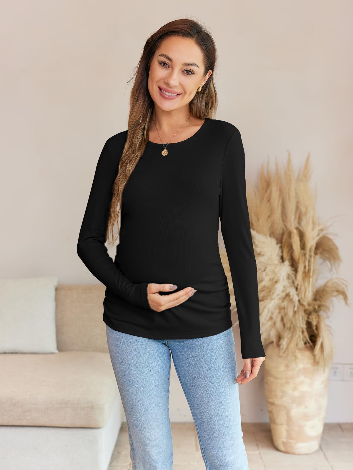 Maternity Long Sleeve Ribbed Knit Blouse for Women - Slim Fitted Crew Neck Pregnancy Top with Side Ruched Design | Perfect for Fall Season, Workwear & Casual Outfits