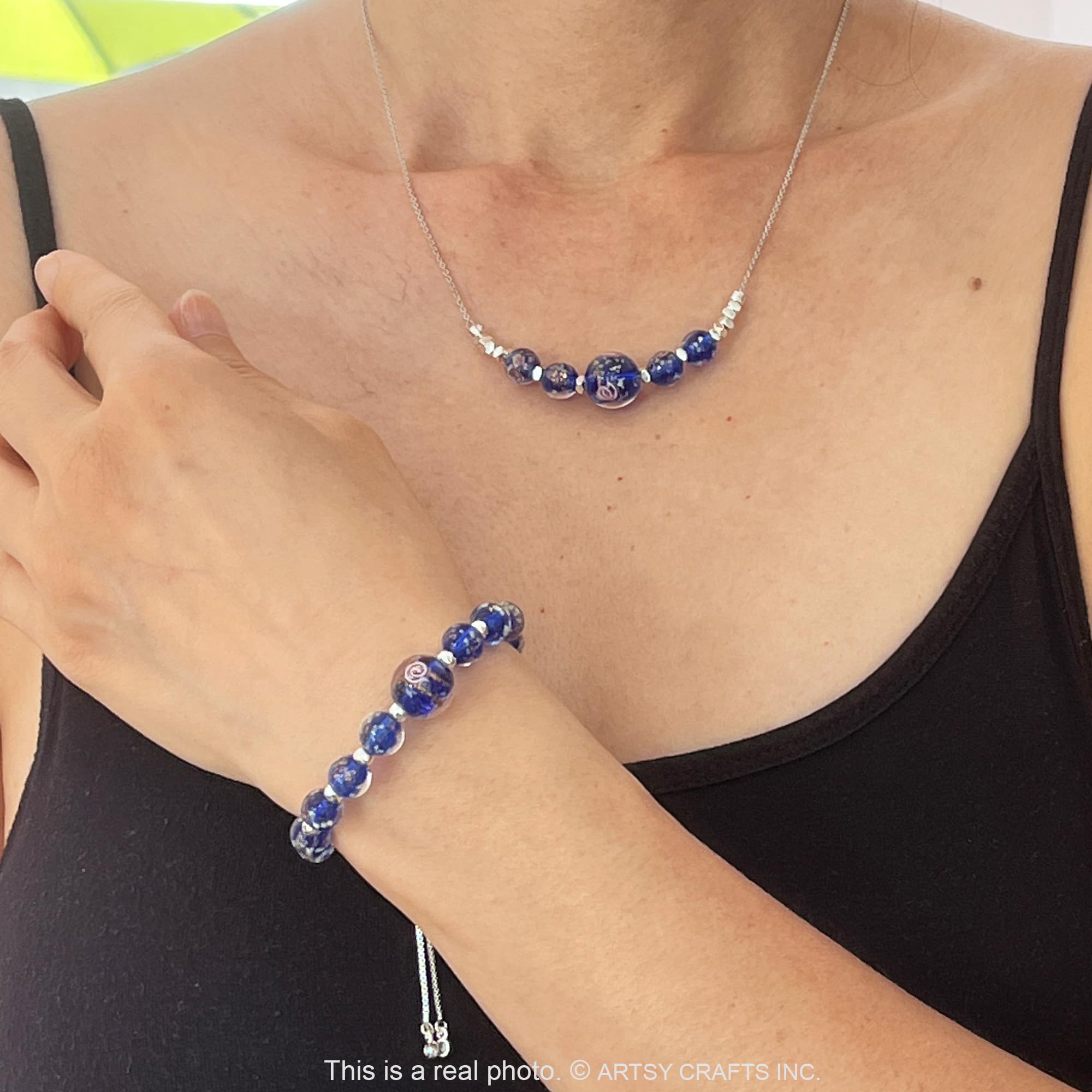 Glow in The Dark Firefly Beads Bracelet & Necklace Set - Murano Glass Crystal Birthstone Jewelry with Adjustable Slider Chain | Perfect for Night Parties, Rave Events & Unique Gifts