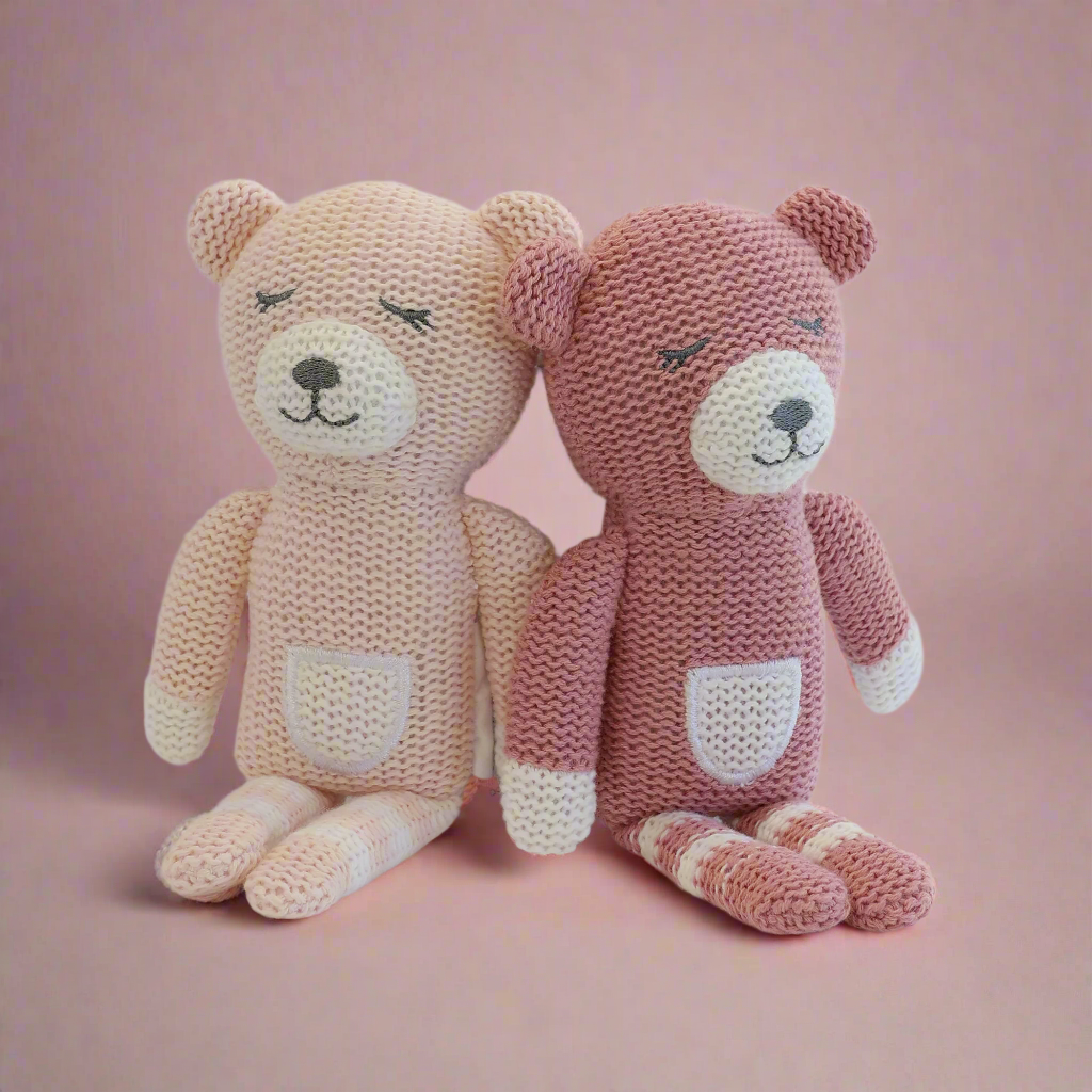 Nordic Style 2-Pack Knit Baby Rattles - Dusty Berry & Rose Bear - Soft & Safe Teething Toys for Newborns & Infants - Perfect for Playtime, Nursery Decor, and Baby Shower Gifts
