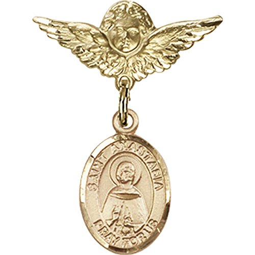 Gold Filled Baby Badge Pin with St. Anastasia Charm & Angel Wing Design - 1 x 3/4 Inch - Perfect for Christening Gifts, Baby Showers & Keepsake Jewelry