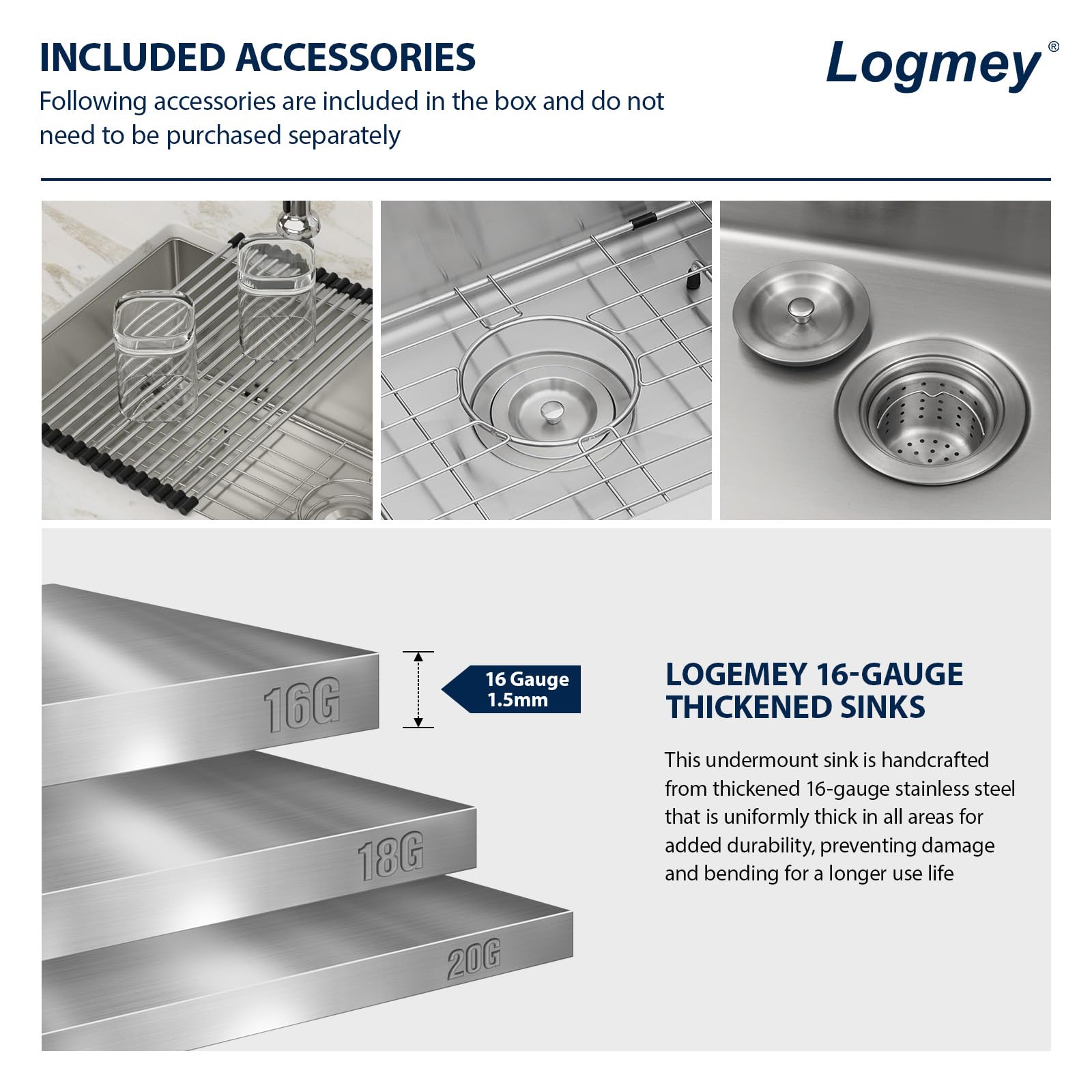 Logmey 26 Inch Undermount Kitchen Sink - 16 Gauge Stainless Steel Single Bowl Sink (26x18x9 Inches) | Handmade for Modern Kitchens | Perfect for Food Prep, Dishwashing & Entertaining