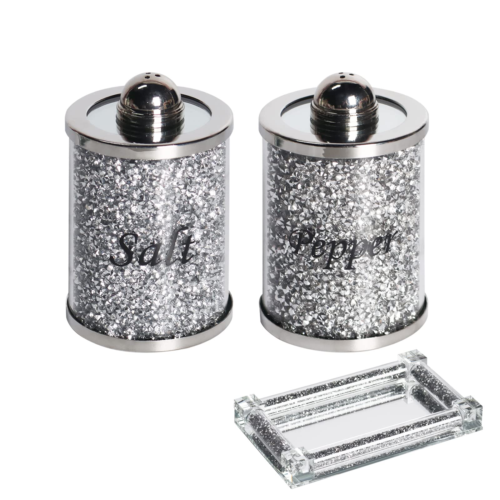 Sparkling Crystal Salt and Pepper Shakers Set with Elegant Tray - Diamond-Cut Luxury Kitchen Decor for Countertop - Perfect for Dining Table, Wedding Gifts & Home Entertaining - Silver Finish