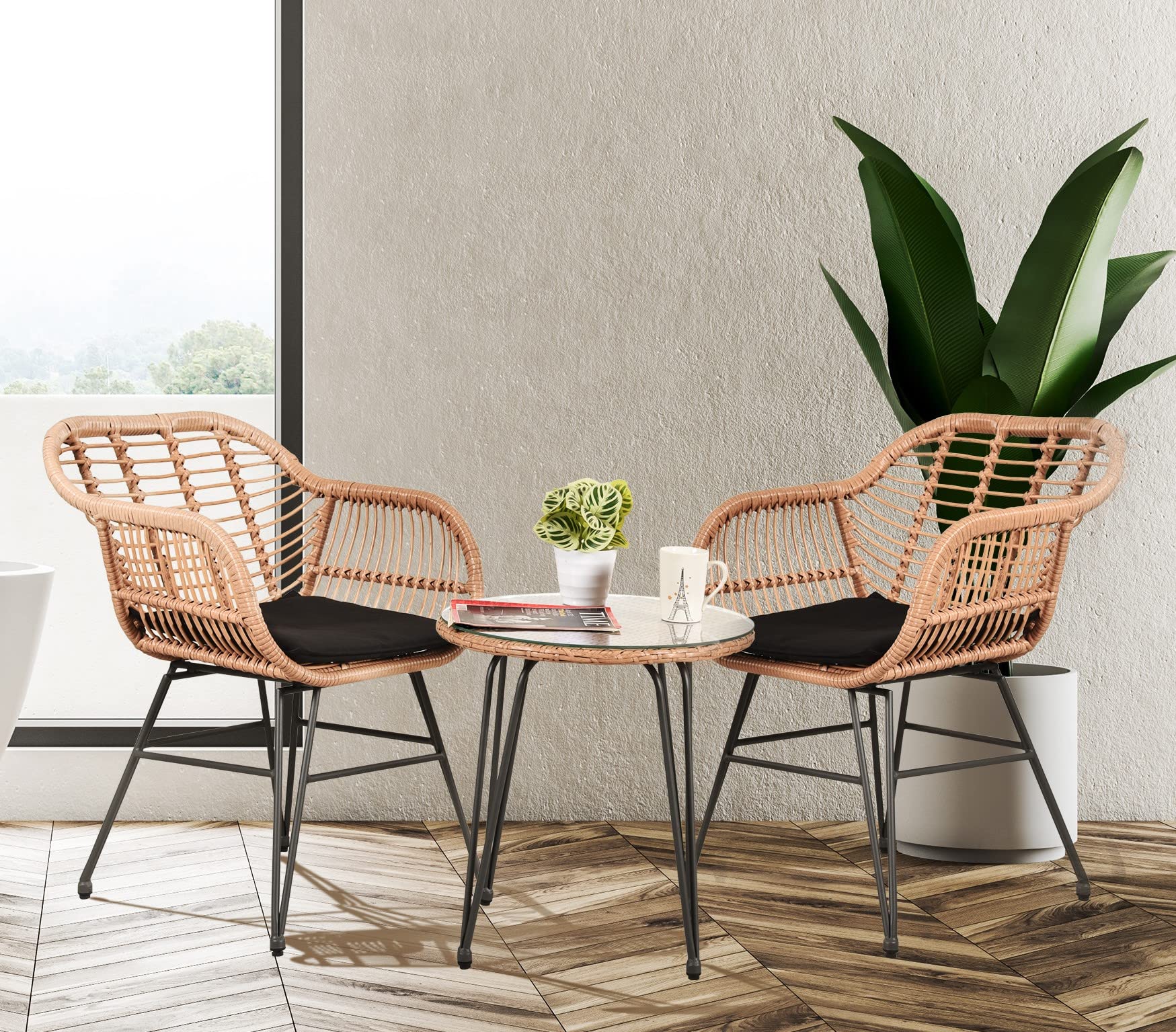 3-Piece Outdoor Wicker Patio Bistro Set with Cushions - PE Rattan Furniture for Garden, Balcony & Backyard - Perfect for Relaxing, Entertaining & Outdoor Dining