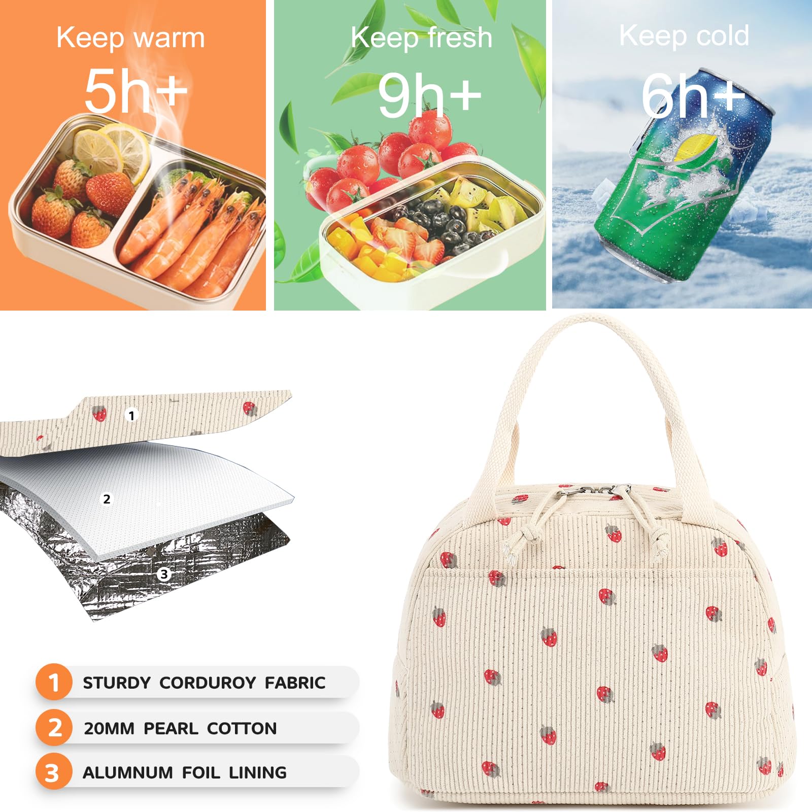 Bluboon Insulated Lunch Bag for Women & Men - Large Capacity Reusable Corduroy Lunch Tote & Cooler Box for Work, School, Picnic, Travel or Outdoor Activities | Cute & Durable Design