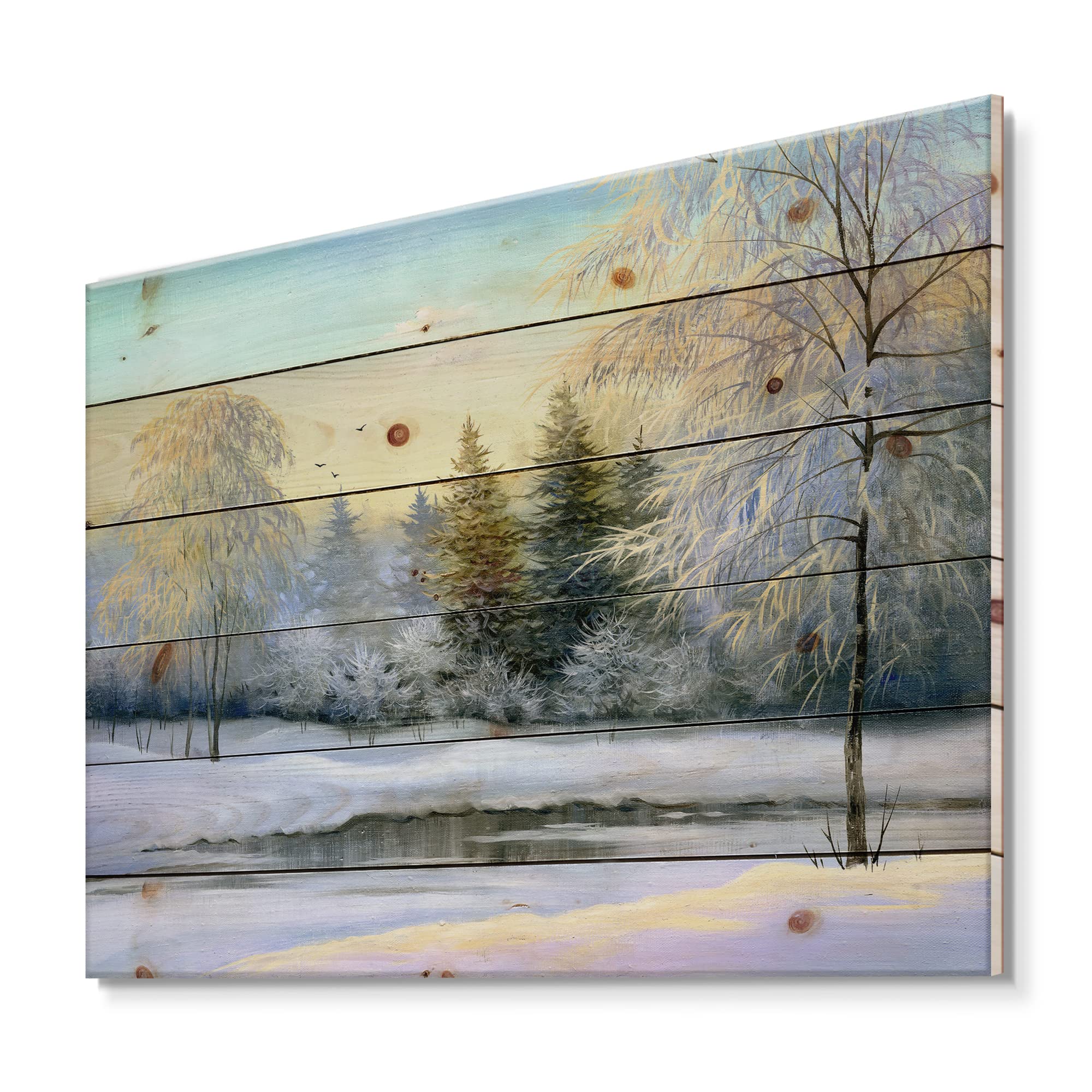 DesignQ Green Trees in Winter Landscape - Traditional Wood Wall Art Decor, Large White Pine Wood Wall Panels with Printed Scenery - Perfect for Living Room, Bedroom & Office Decoration