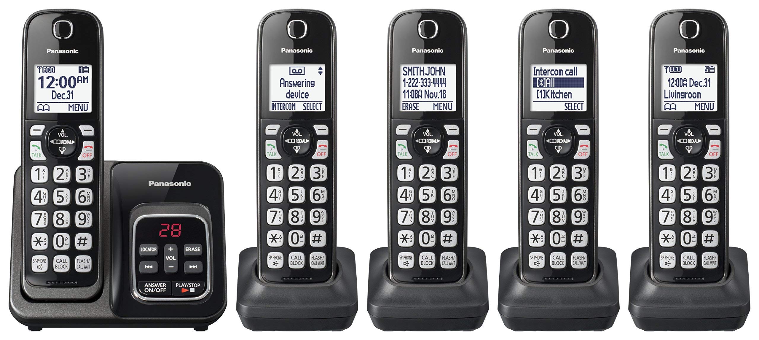 PANASONIC KX-TGD535M Expandable Cordless Phone System with Call Block & Digital Answering Machine - 5 Handsets, Metallic Black (Renewed) - Ideal for Home & Small Business Communication