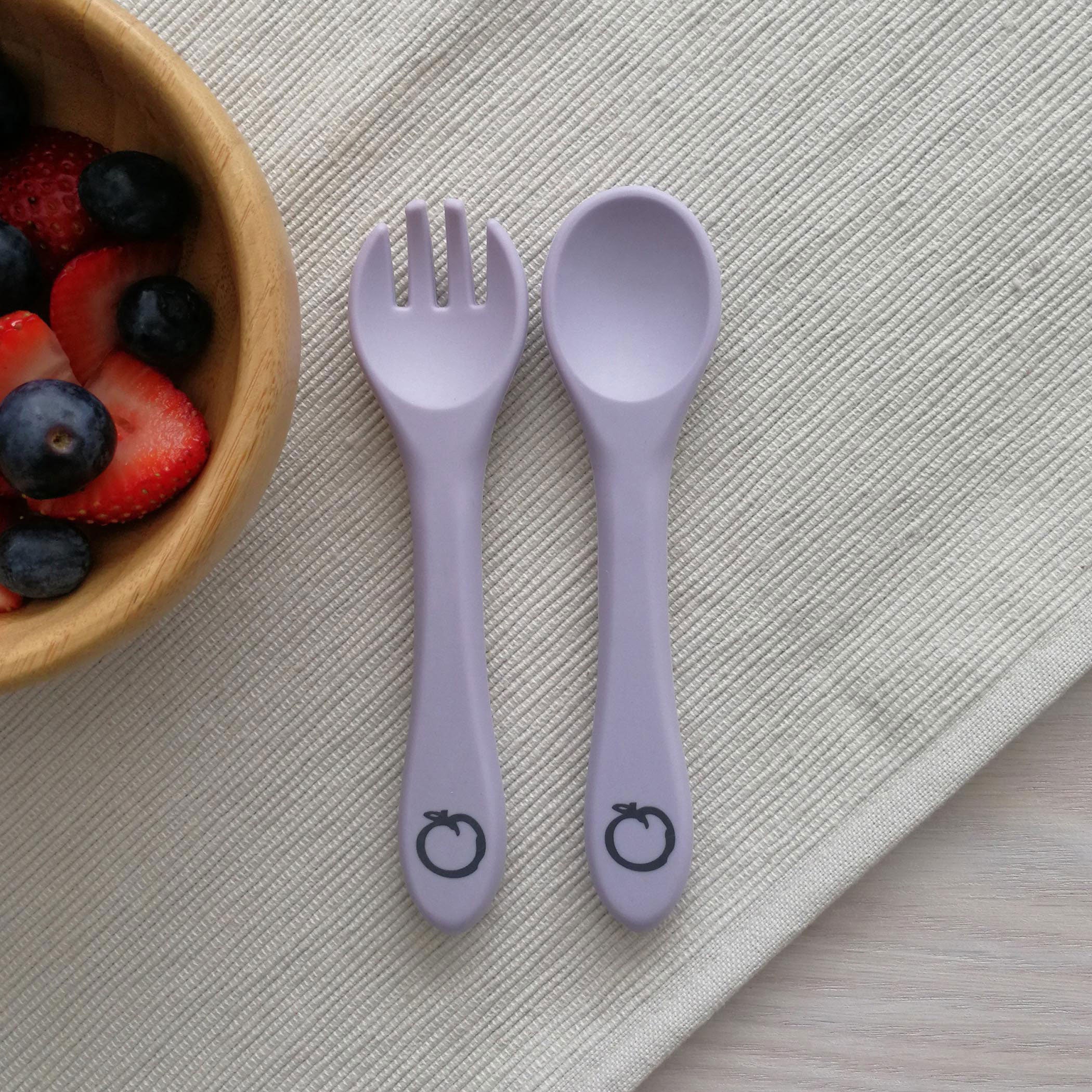 Plum Silicone Fork and Spoon Set - 2 Piece BPA-Free Baby Feeding Utensils for Toddlers - Soft Lilac Color - Perfect for Home, Travel, and Daycare Use