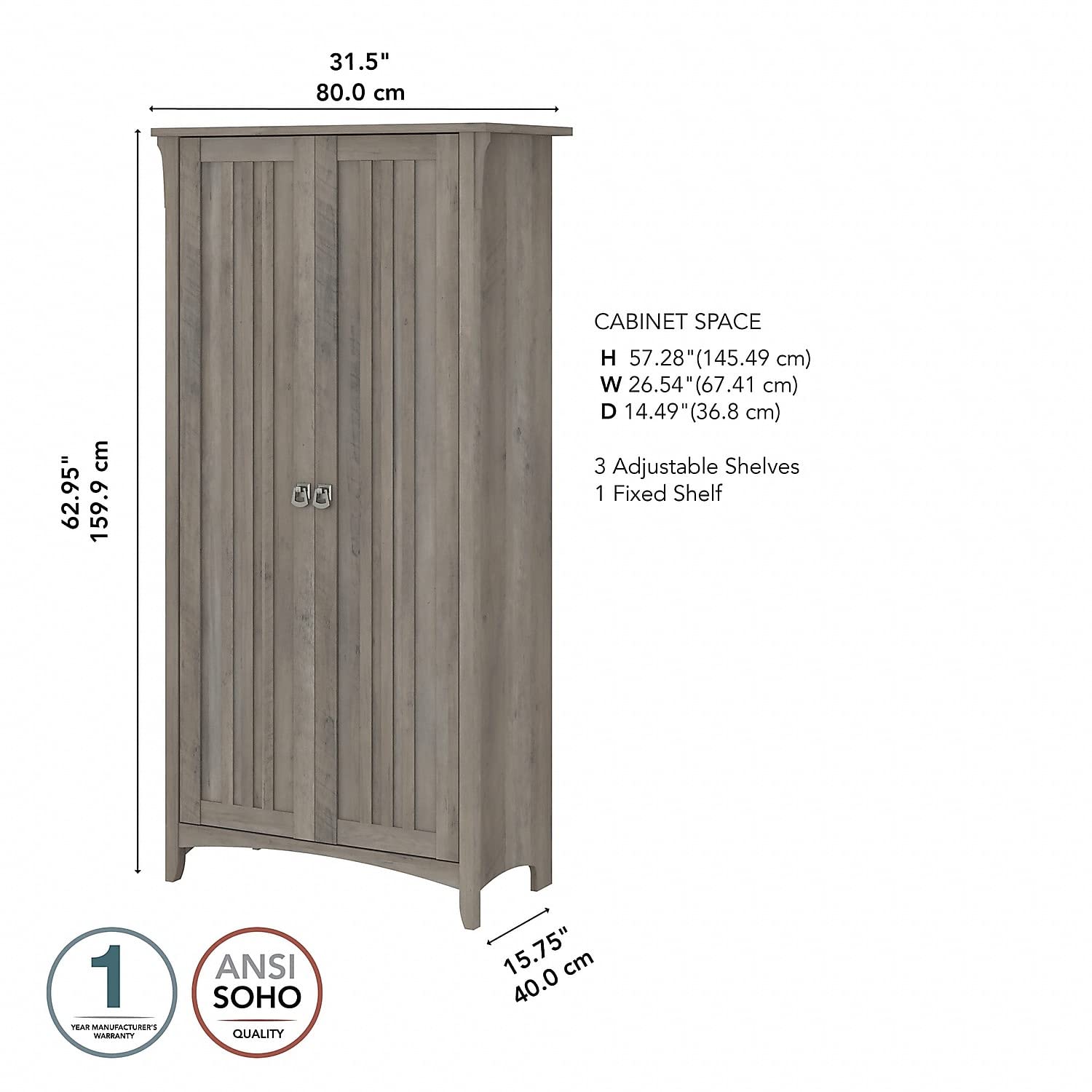 Bush Furniture Salinas Tall Storage Cabinet with Doors in Driftwood Gray - Office & Home Storage Organizer with Adjustable Shelves | Perfect for Workspace, Living Room & Bedroom Organization