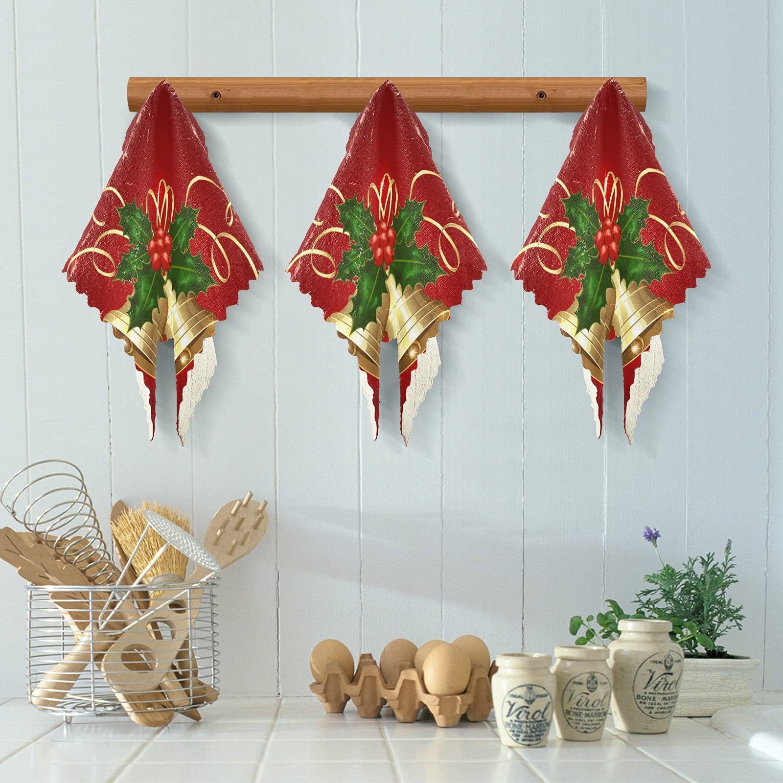 ALAZA 6-Pack Christmas Bell Red Kitchen Towels - Super Soft, Fast Drying Dish & Tea Towels (11x11 Inches) for Holiday Decor, Dish Drying & Gift Giving