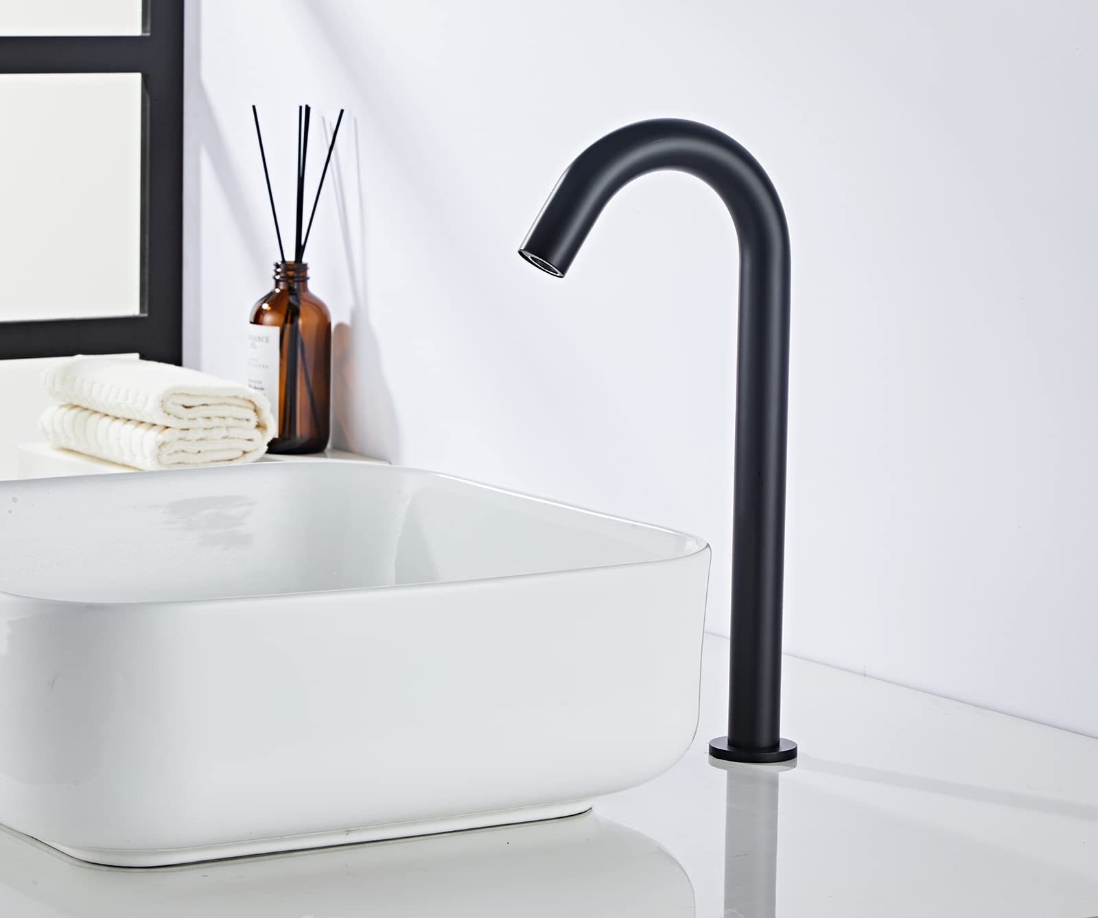 Touchless Automatic Sensor Faucet - Black Kitchen & Bathroom Sink Faucet with Motion Infrared Sensor | Battery or 110V AC Powered | Hands-Free for Home, Public Restrooms & Commercial Use | Tall Aerator Spout for Efficient Water Flow