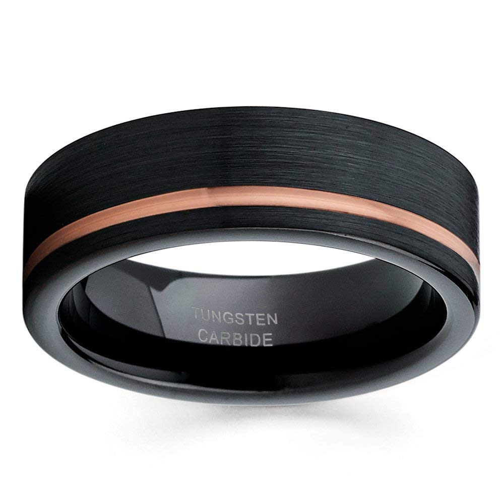 Rose Gold Tungsten Wedding Band for Men & Women - 18k Rose Gold Black Tungsten Carbide Ring - Anniversary & Engagement Ring - Comfort Fit - Perfect for Weddings, Proposals & Special Occasions