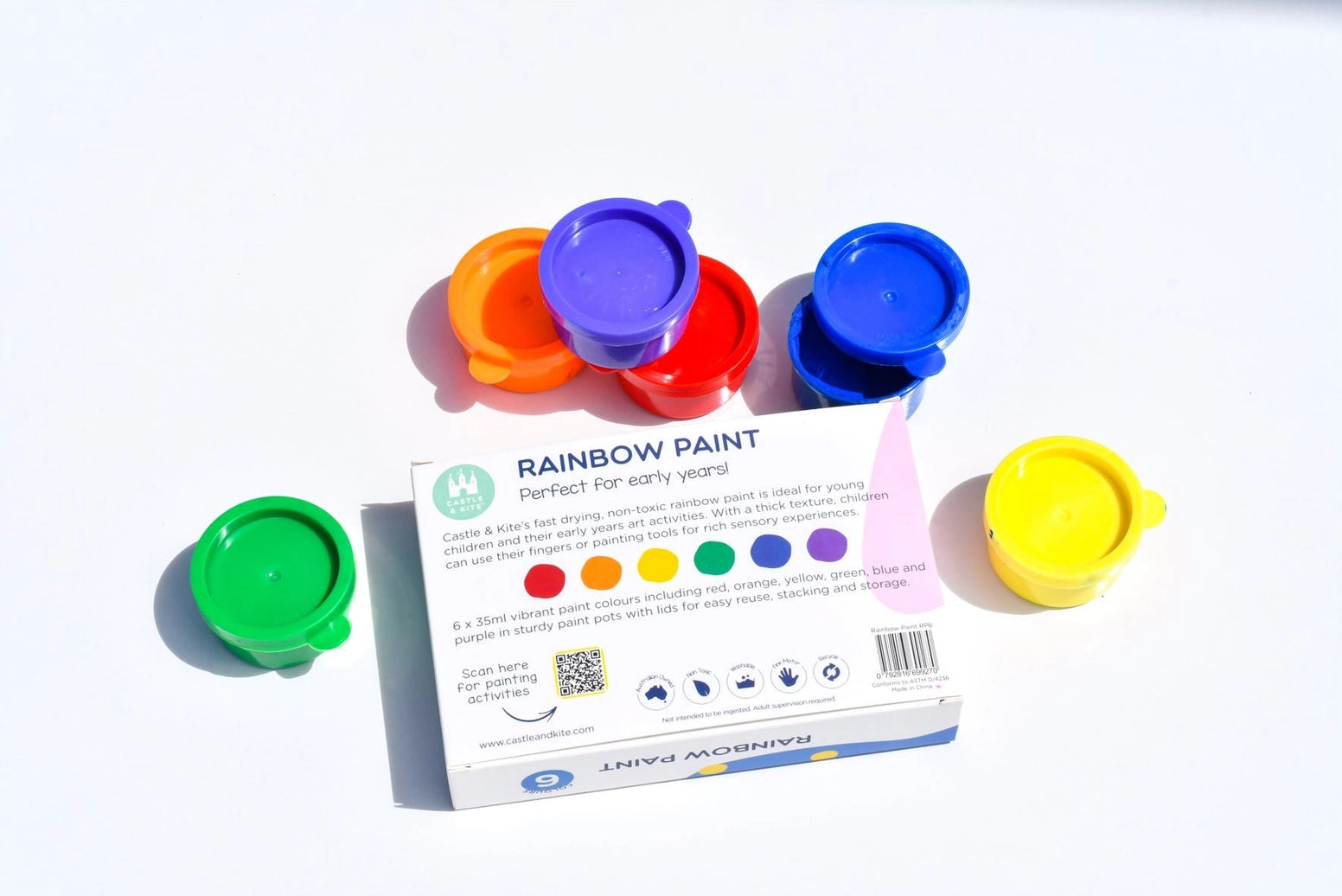 Castle & Kite 6-Pack Rainbow Paint Pots for Kids - Non-Toxic Watercolor Set for Arts & Crafts, Classroom & Home DIY Projects