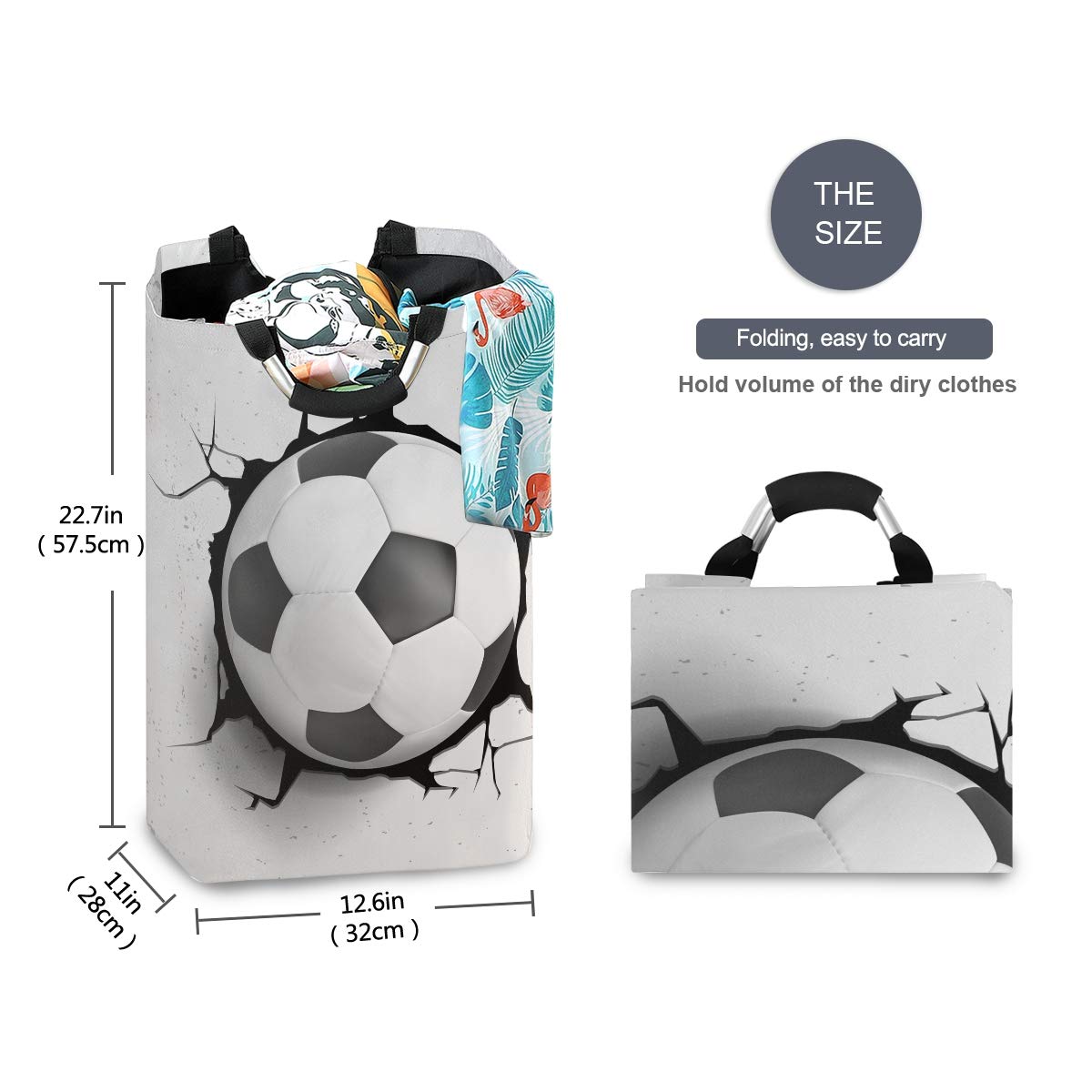 3D Soccer Ball Collapsible Laundry Basket - Large Foldable Cloth Hamper with Handle for Clothes Storage & Organization | Perfect for Bedroom, Dorm, Laundry Room & Travel Use