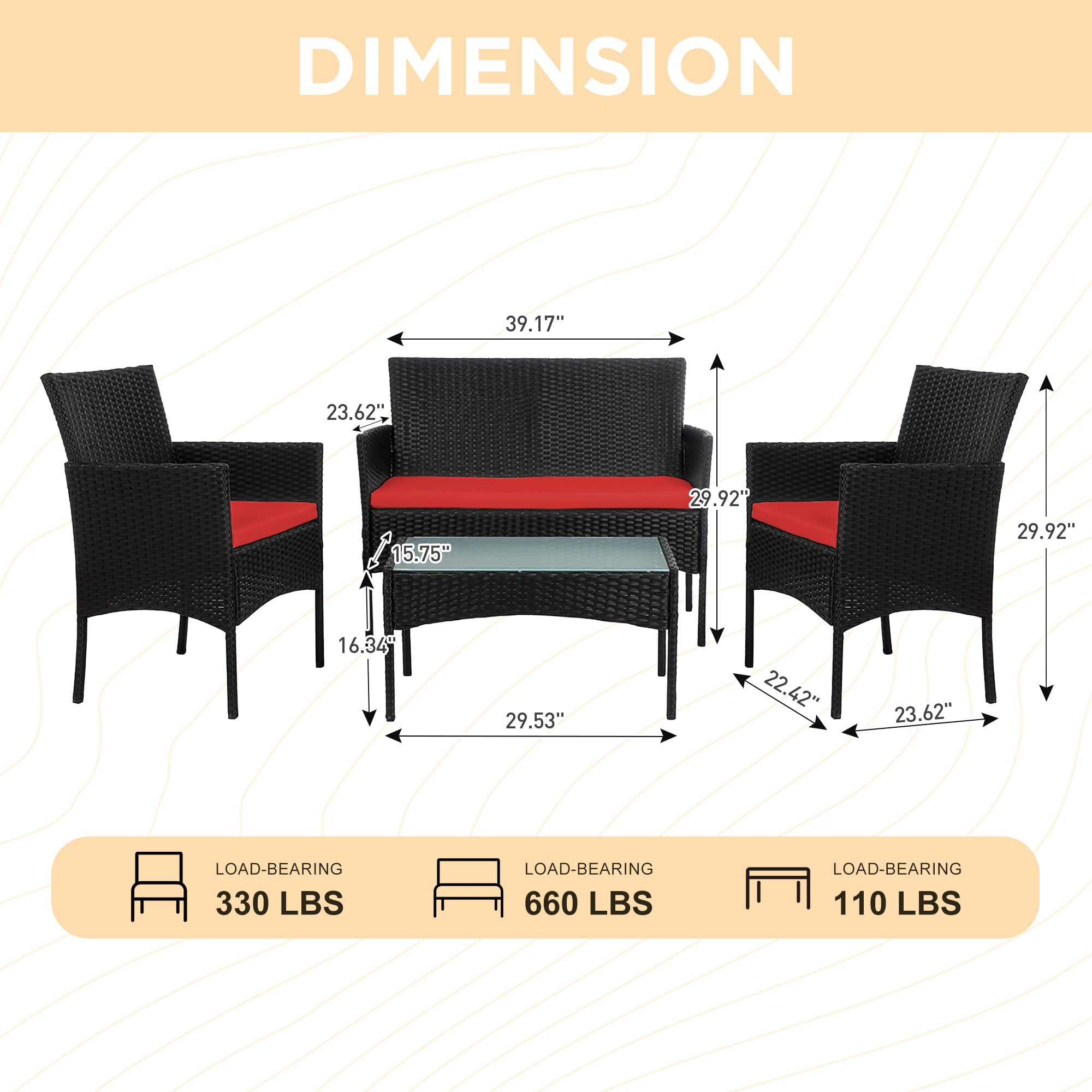PROHIKER 4-Piece Outdoor Wicker Patio Furniture Set with Cushions & Glass Table - Rattan Sofa & Chairs for Garden, Poolside, Backyard or Yard - Black/Red - Perfect for Relaxing, Entertaining & Outdoor Dining