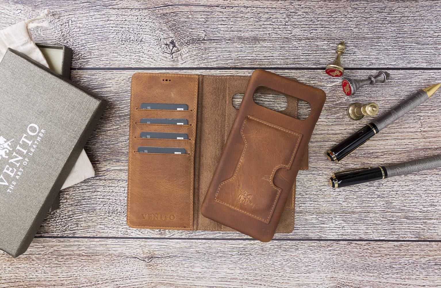 Venito Florence Genuine Leather Wallet Phone Case for Samsung Galaxy S10 5G - RFID Blocking for Security - Detachable Card Holder - Antique Brown - Perfect for Travel, Business & Everyday Use