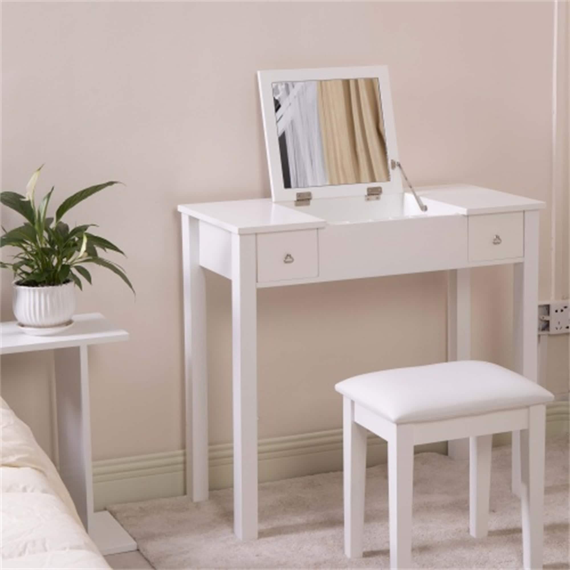 Modern White Wooden Vanity Table with Flip-Top Mirror - Makeup Desk & Writing Desk - Contemporary Glossy MDF Design - Perfect for Bedroom, Dressing Room, and Home Office Organization
