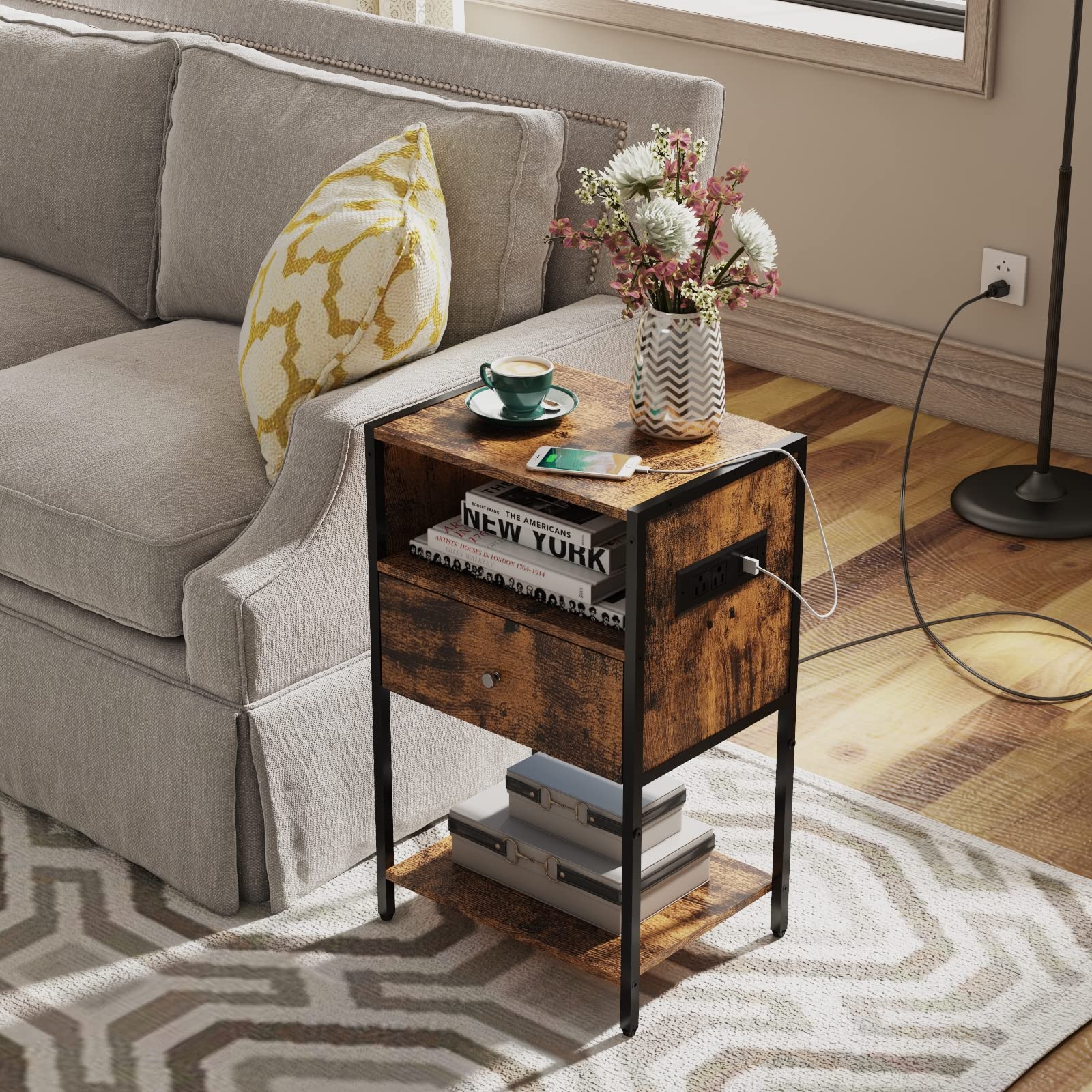 Modern Nightstand with USB Charging Station & Drawer - Rustic Brown Bedside Table with Open Storage Shelf - Perfect for Bedroom, Living Room or Office