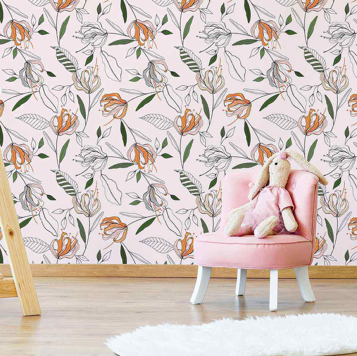 Orange Flower Peel and Stick Removable Wallpaper - Self-Adhesive Wall Decal for Home Decor, Bedroom, Living Room, Nursery - Easy to Apply & Remove - Pattern 0186 - Perfect for Accent Walls, DIY Projects, and Rental Spaces
