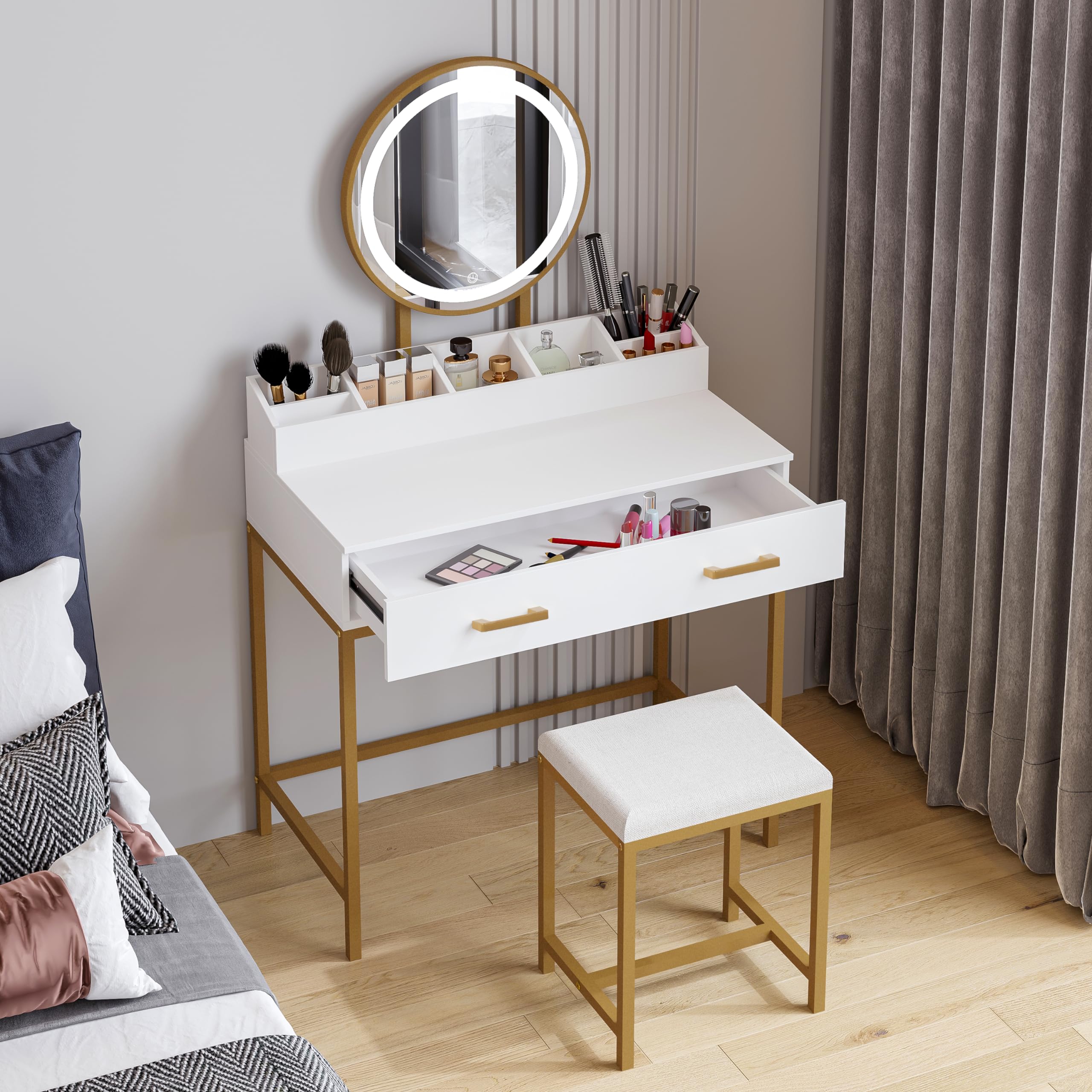 UTEX Makeup Vanity Desk with LED Mirror & 3 Lighting Modes, White and Gold Dressing Table with Drawers & Cushioned Stool - Perfect for Bedroom, Beauty Salon & Home Decor