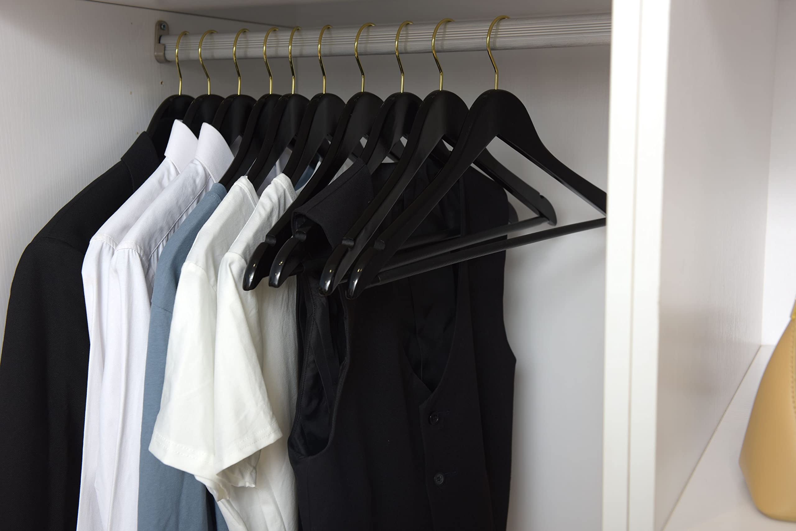 Premium Black Wooden Hangers - 80-Pack Slightly Curved Solid Wood Coat Hangers with Chrome Hooks - Heavy Duty for Clothes, Jackets, Shirts, Pants & Suits - Ideal for Closet Organization, Retail Stores & Luxury Garment Display (Black with Gold Hook, 80)