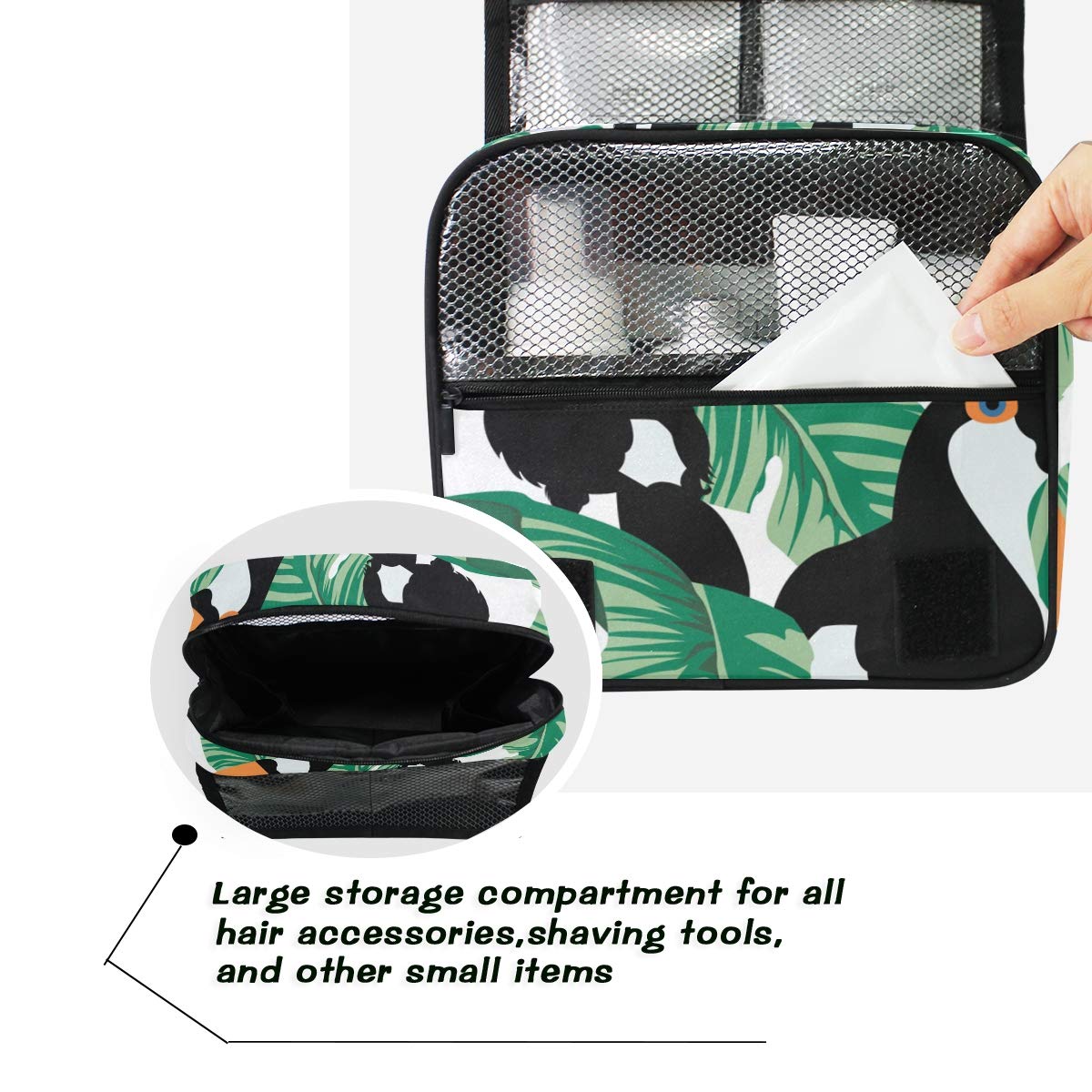 Linomo Hanging Travel Toiletry Bag for Women & Men - Waterproof Large Cosmetic Makeup Organizer with Hook - Perfect for Bathroom, Camping & Vacation (Tropical Leaves Toucan Design)