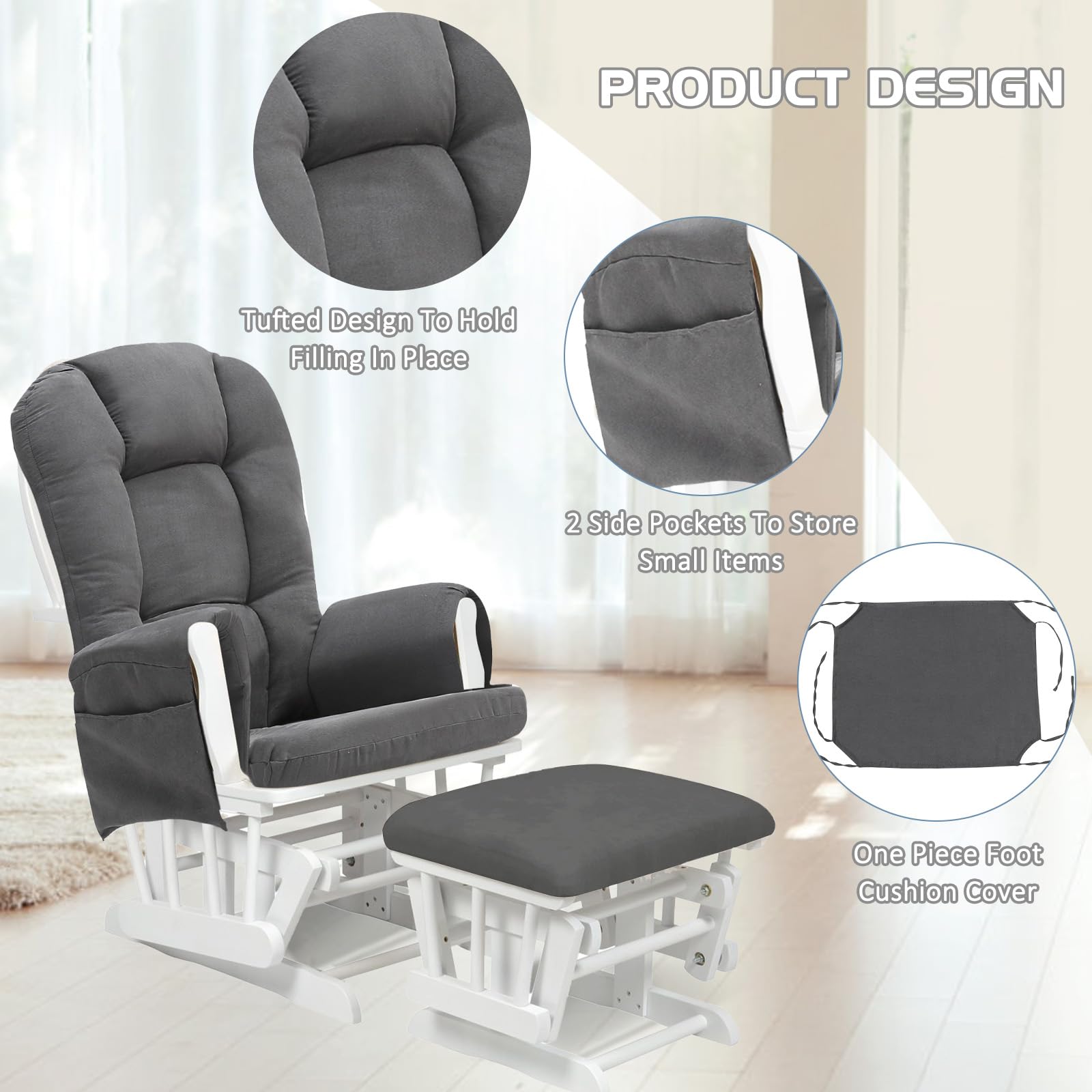 5PCS Thickened Soft Suede Glider Rocker Replacement Cushion Set with Ottoman Cover - Dark Gray - Perfect for Nursery, Living Room & Indoor Rocking Chairs