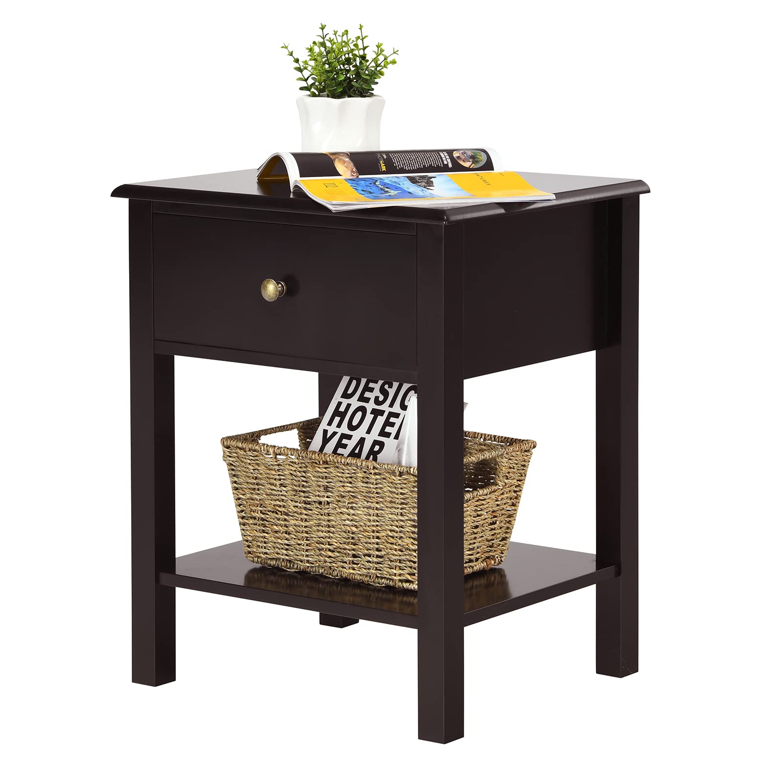 Julimoon Rustic Brown Nightstand with Drawer and Open Shelf - Modern Wood End Table for Bedroom, Living Room, or Sofa Bed - Perfect for Small Spaces, Apartment Decor & Farmhouse Style Homes