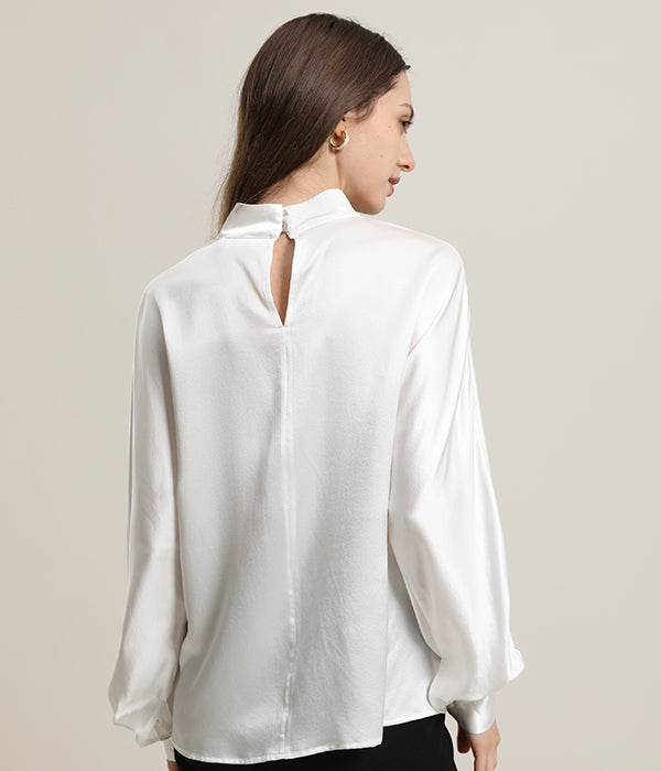 Elegant V Neck Lantern Sleeve Silk Blouse for Women - Luxurious Soft & Breathable Silk Top for Office, Party & Special Occasions