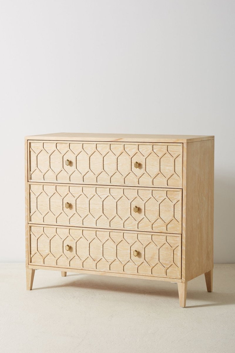 Hand Carved Textured Trellis Three Drawer Dresser in Natural Wood | Solid Wood Bedroom Dresser with Vintage Design for Home Decor & Storage