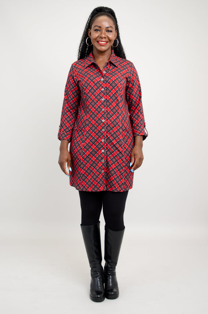 Charlie Tunic - Cherry Plaid Bamboo Top | Women's Comfortable Casual Shirt | Perfect for Office Wear & Weekend Outfits