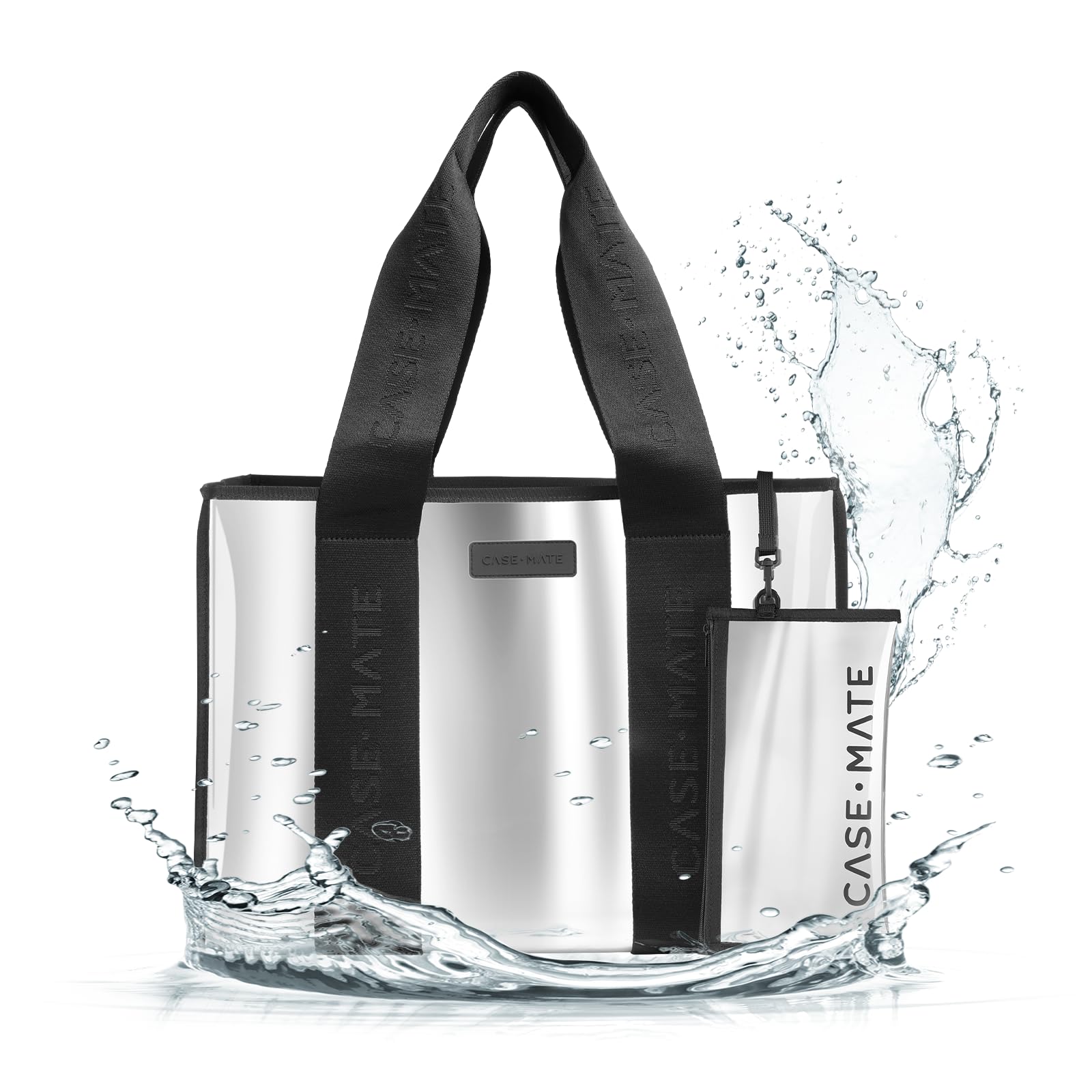 Case-Mate Silver Chrome Beach Tote Bag for Women - Lightweight Waterproof Foldable Tote with Phone Pouch - Perfect for Beach, Pool, Travel & Vacation - Large Durable Washable Tip-Proof Beach Bag | Great for Summer Outings, Weekend Getaways & Coastal Adventures