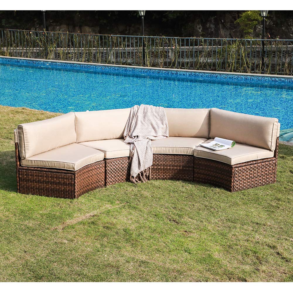 SUNSITT 4-Piece Outdoor Half-Moon Sectional Wicker Sofa Set - Brown PE Rattan with Beige Cushions - Patio Furniture for Garden, Backyard, Poolside & Balcony Relaxation