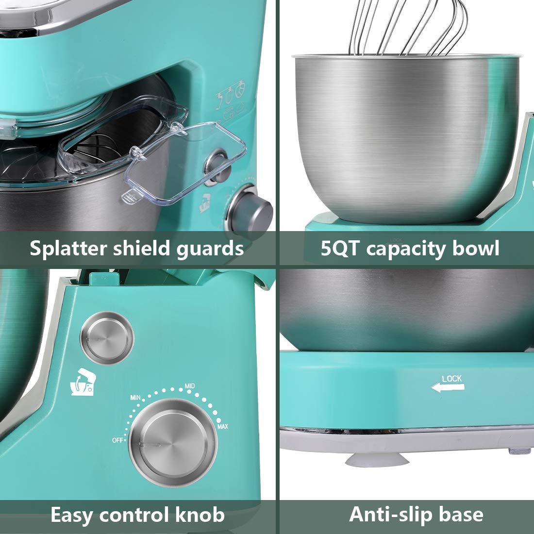 CUSIMAX 5-QT Stand Mixer with Stainless Steel Bowl - Tilt-Head Electric Kitchen Mixer Includes Dough Hook, Beater & Whisk, Splash Guard (Green) - Perfect for Baking Cakes, Cookies & Kneading Dough